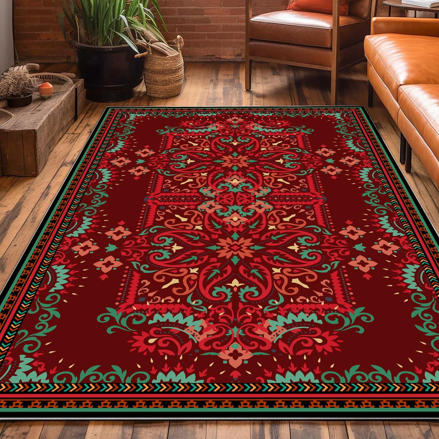 Bohemian Area Rug, 60x90cm Vintage Distressed Country Style Red Floral Green Grass Plant Indoor Rugs Mat, Washable Non-Shedding Geometric Plaid Classic Carpet for Office, Living Room, Dining Table