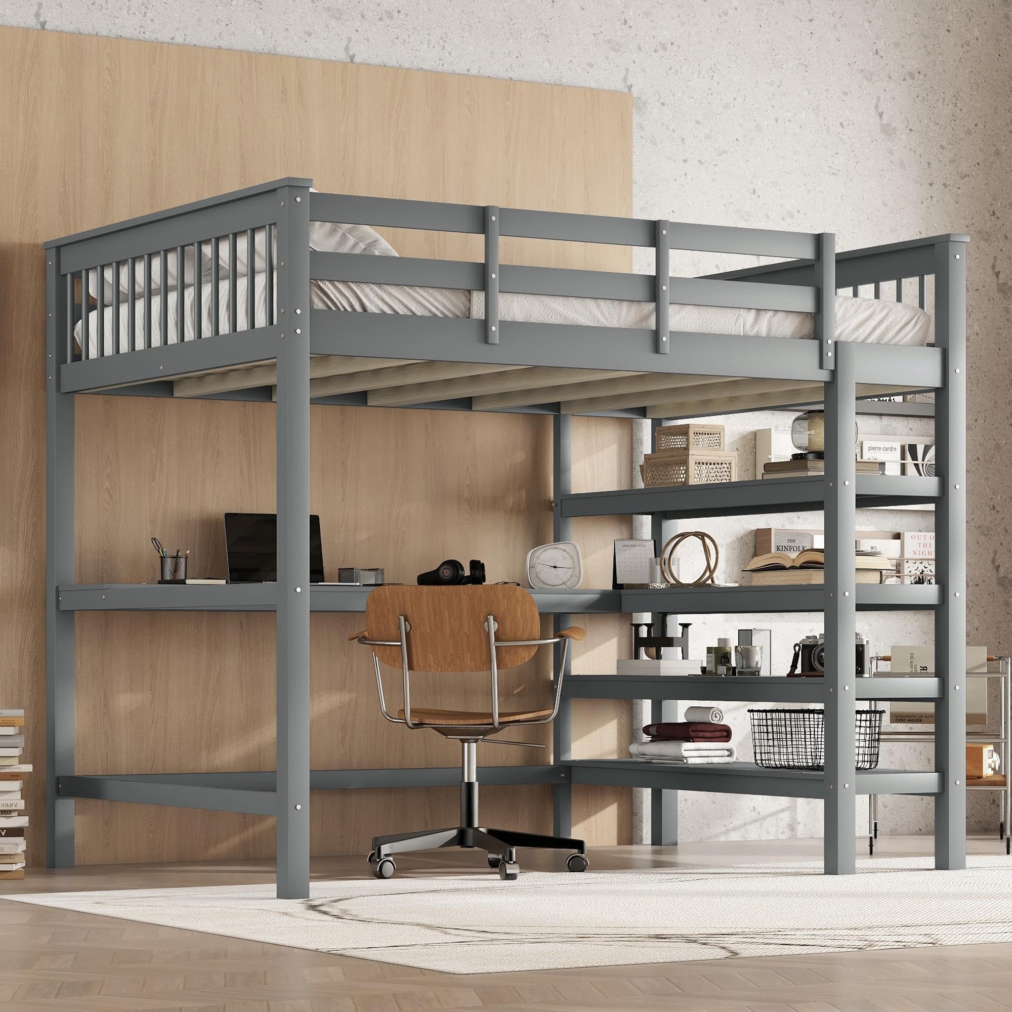 Łóżko piętrowe 140 x 200 cm szare jako rama łóżka to łóżko Bunk Bed oraz łóżko młodzieżowe i łóżko funkcyjne z litego drewna sosnowego z biurkiem i półkami do pokoju gościnnego