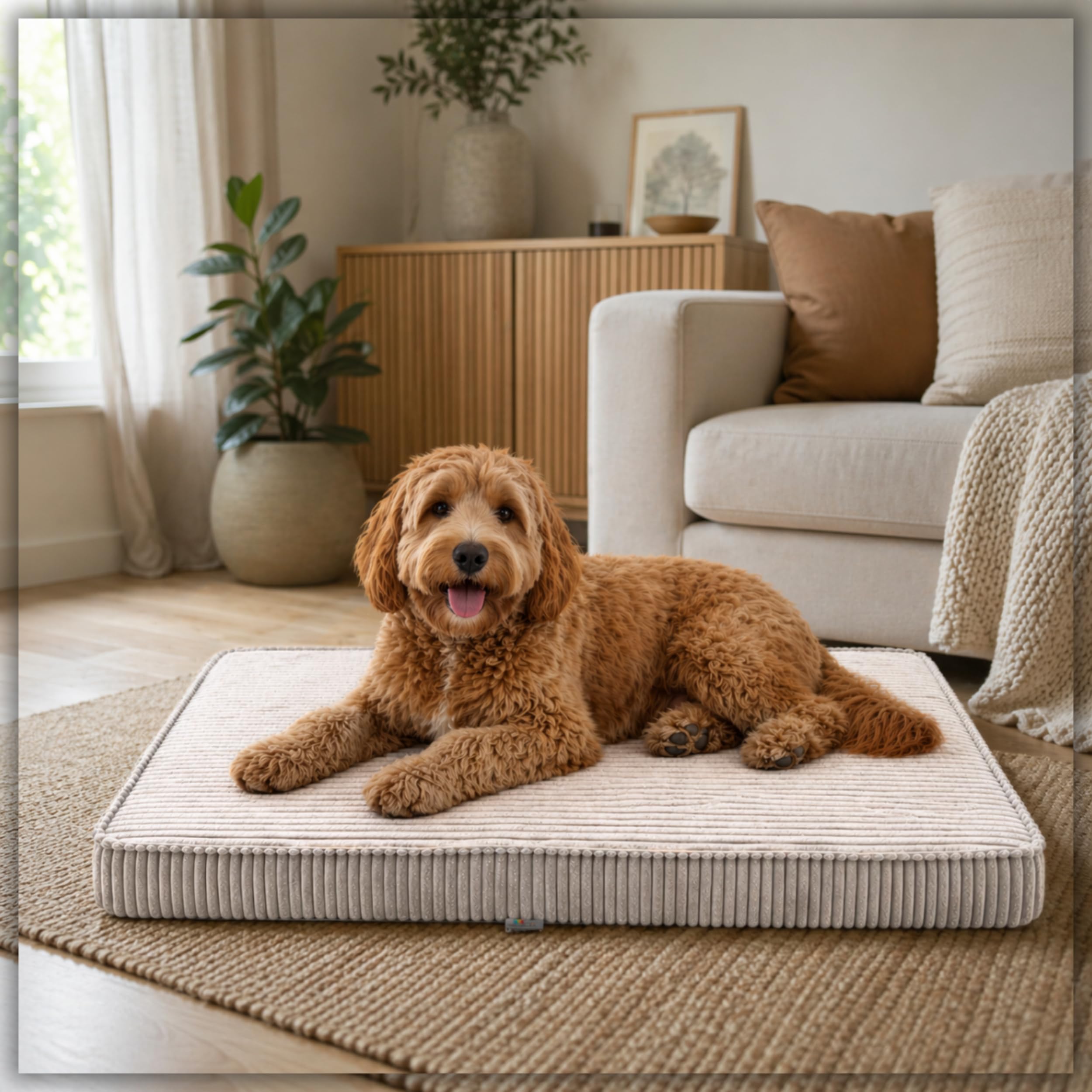 FORTISLINE Hundebett mit abnehmbarem Bezug - Hundematte aus POSO Stoff mit Rutschfester Unterseite und Schaumstofffüllung für Zuhause und Indoor-Kennel (Beige, L: 90 x 60 x 8 cm)