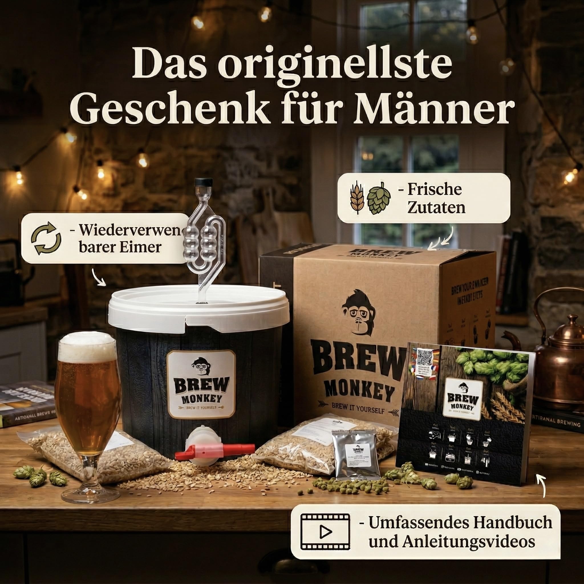 Brew Monkey® Bierbrauset Helles | Basic Set 5 Liter Bier | 5,7% Vol. | Bier Brauen Set | Männergeschenke | Bier Geschenke für Männer| Geschenke für Papa