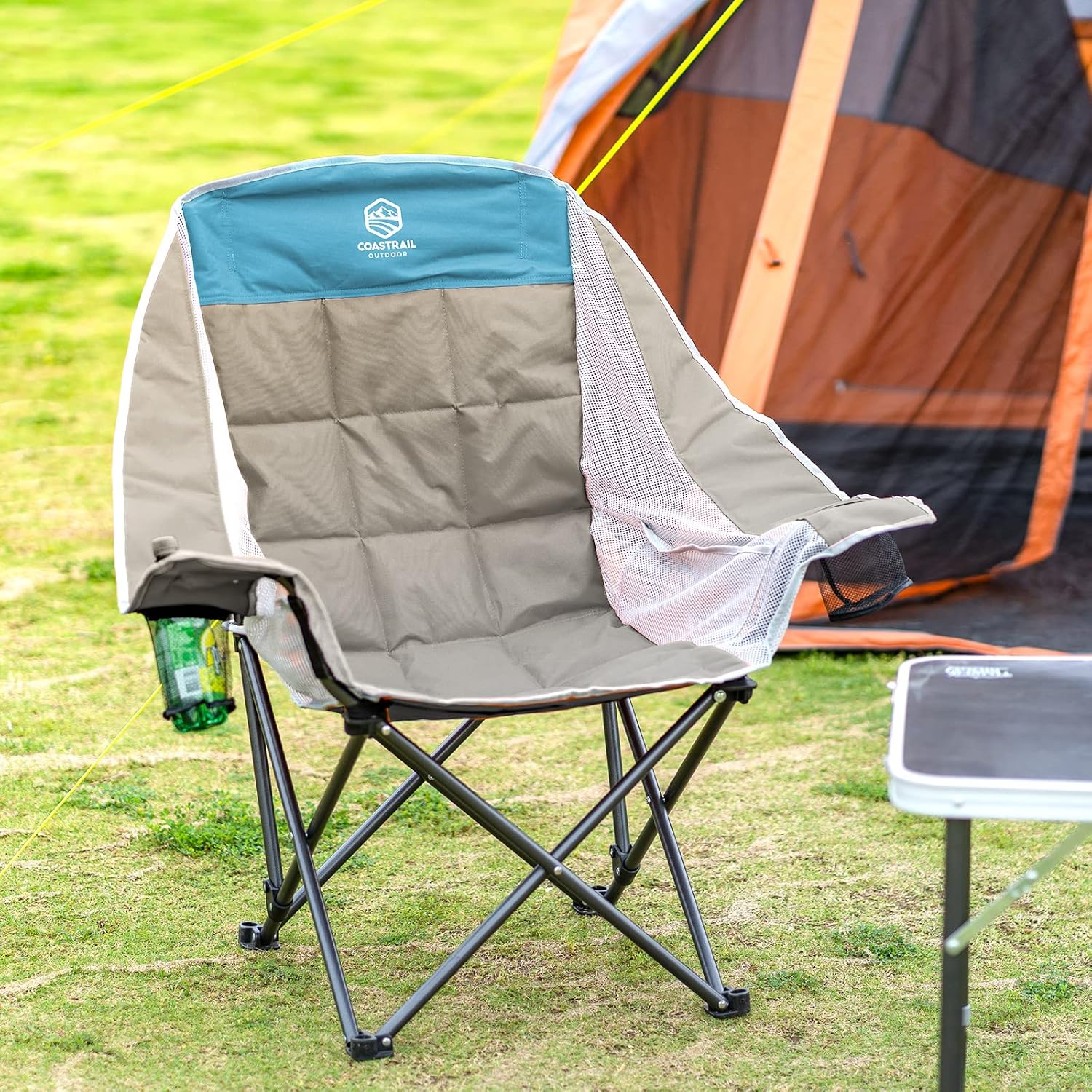 Coastrail Outdoor Camping Folding Lawn Chair with Mesh Armrests, Padded Seat and Cup Holders Lightweight Comfortable Camp Chair Support 350 lbs, Grey : Sports & Outdoors