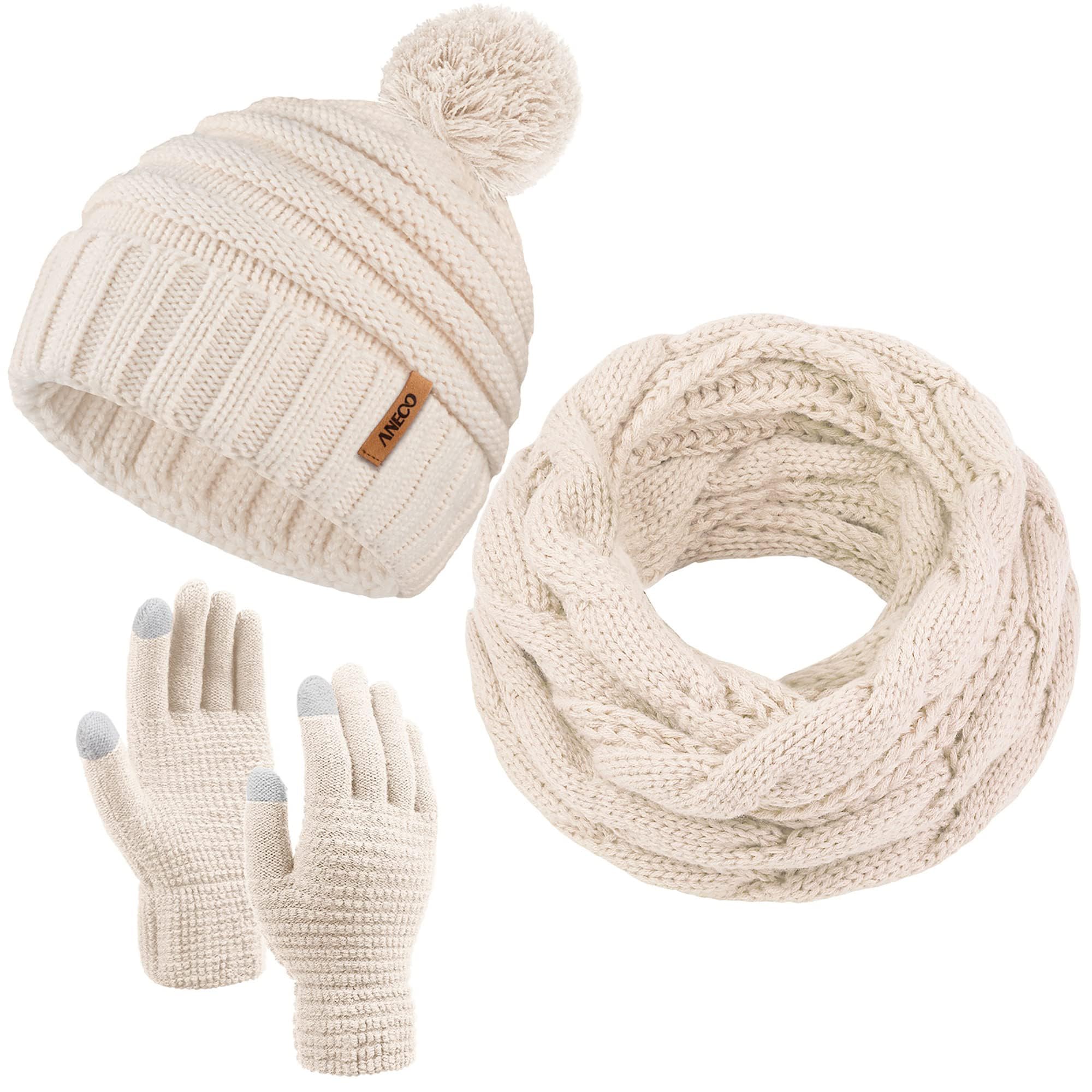 Winter Warm Knitted Scarf Beanie Hat and Gloves Set Men & Women's Soft Stretch Hat Scarf and Mitten Set-image-25