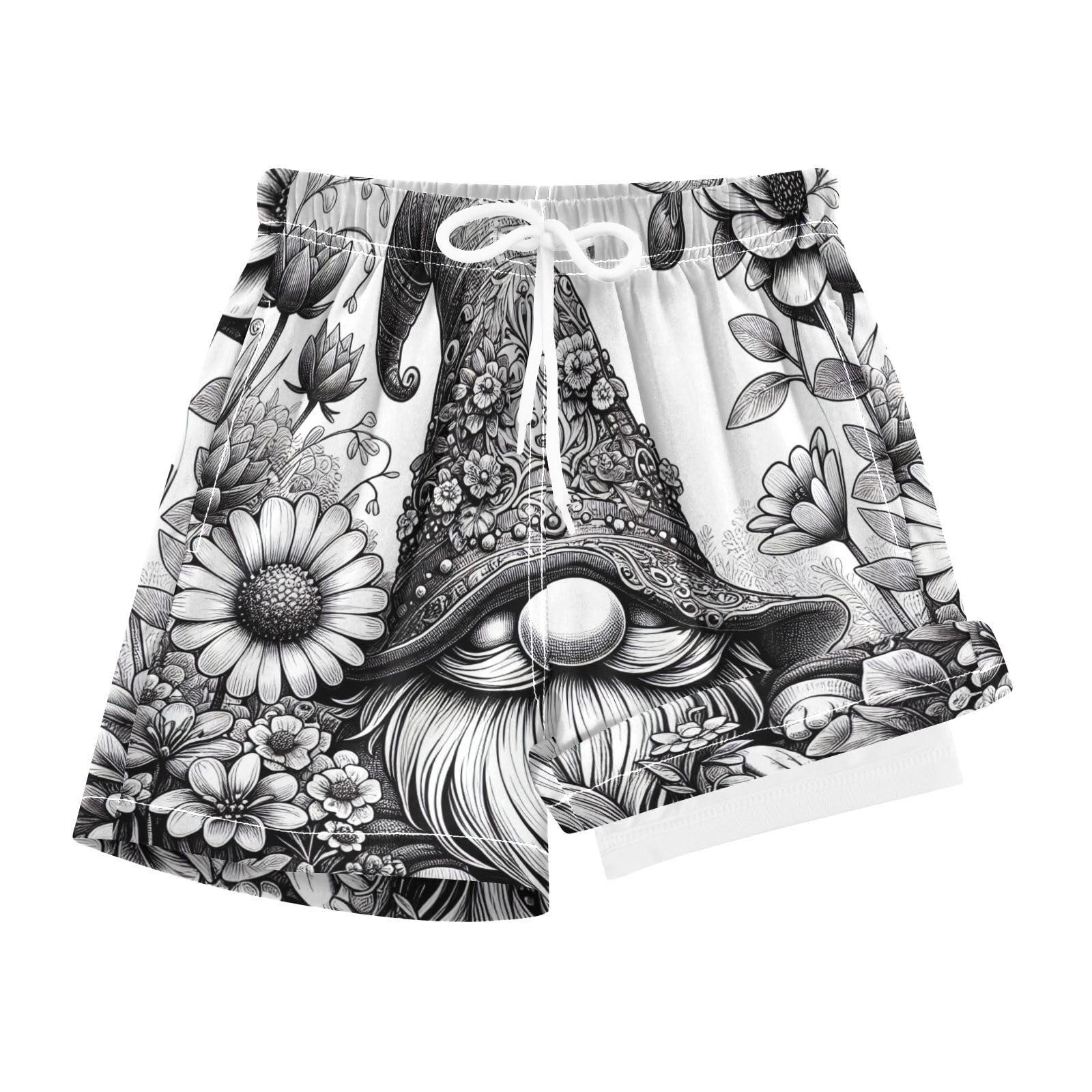 YANENDIE Boy Swim Trunks with Compression Liner Dwarf and Flower Boys Swim Shorts Quick Dry Beach Shorts