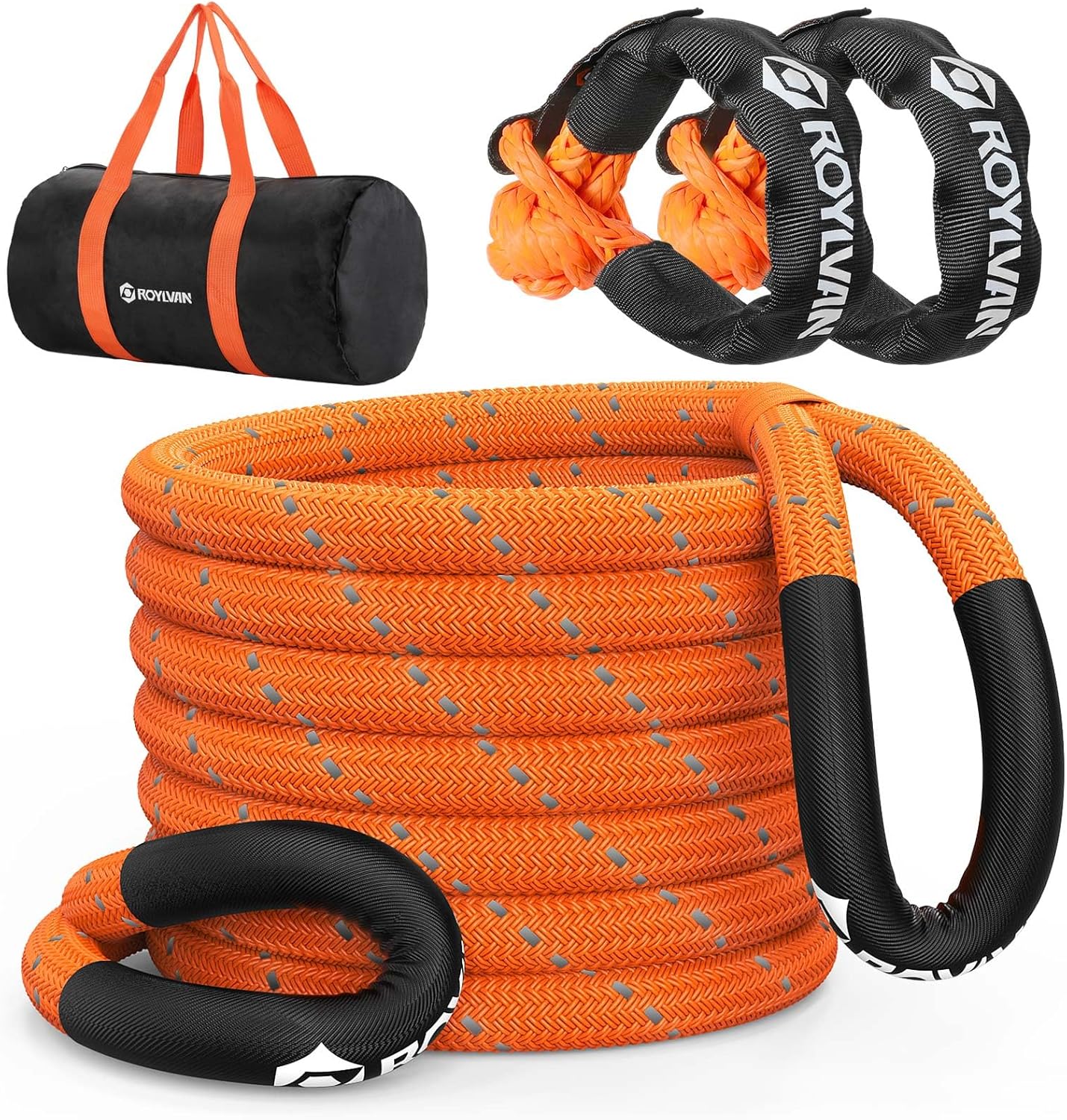 1" x 30ft Kinetic Recovery Tow Rope, 48800 LBS Nylon Tow Strap with 2 Soft Shackles 1/2" x 22", 30% Elasticity Heavy Duty Offroad Towing Straps Kit for Tractor, UTV, Trucks, SUV, ATV, Orange