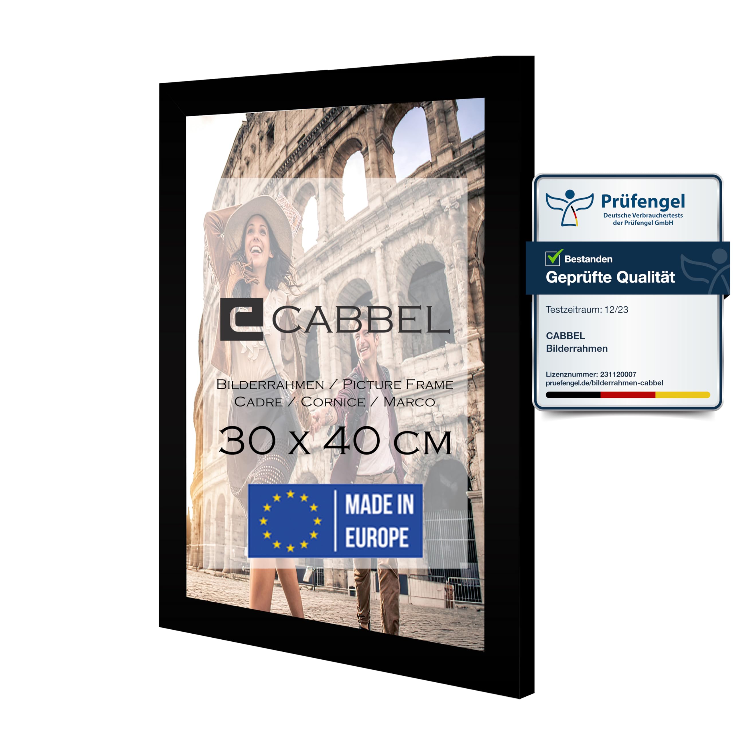 CABBEL Marco 30x40 cm, negro, marco de madera MDF resistente, cristal Plexi inastillable, para colgar, ideal para fotos/cuadros/collage