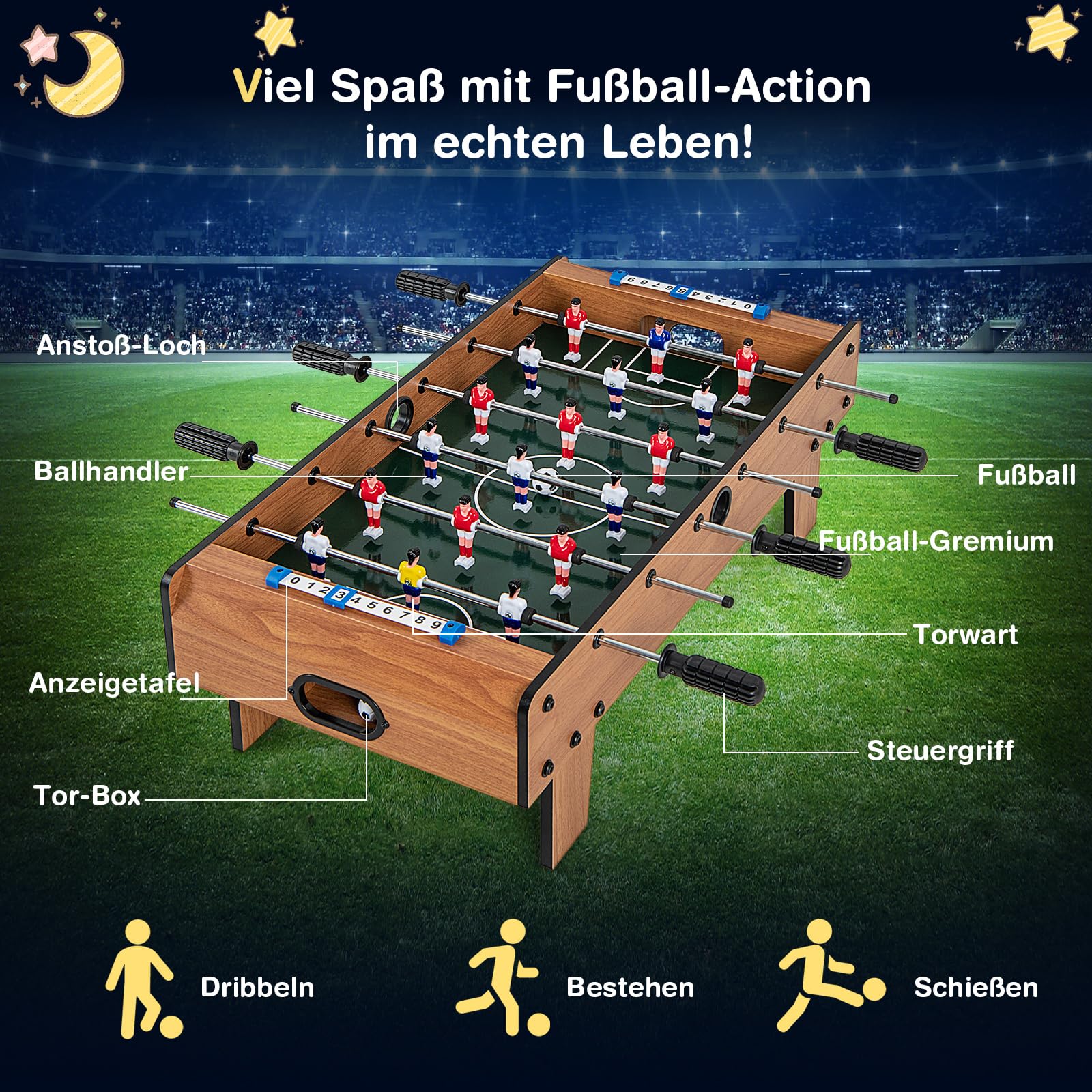 COSTWAY Mini Tischkicker aus Holz, Kickertisch inkl. 18 Kicker und 2 Fußbälle, Tischfussball für Erwachsene und Kinder, 69 x 60 x 24 cm