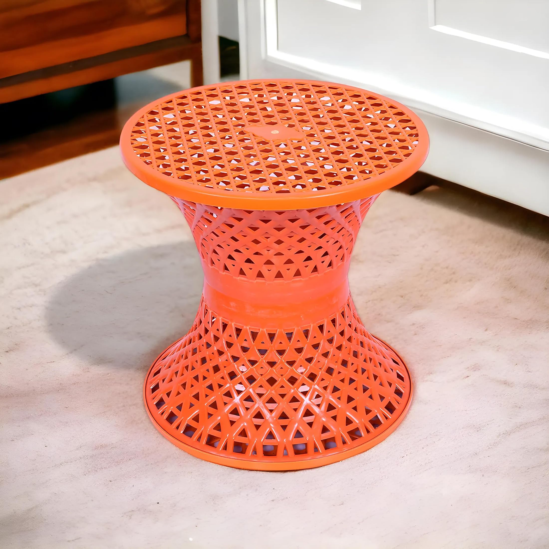 Kuber Industries Seating Stool | Plastic Mesh Damroo Stool | Both Sided Stool for Guestroom | Damroo Style Stool | Stool for Graden | Stool for Balcony | Red-image-3