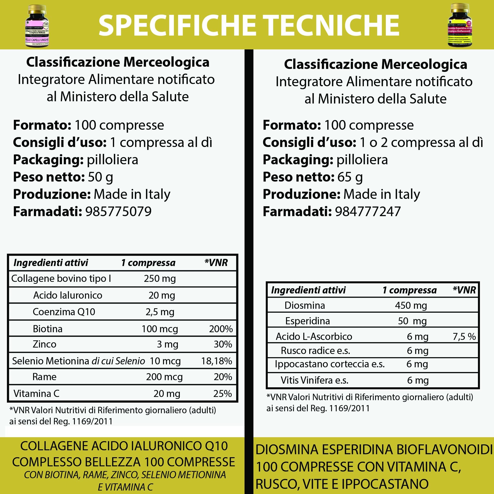 Set di Integratori Pelle Capelli Unghie + Antiossidante | Collagene Ialuronico Q10 Complesso Bellezza 100 compresse + Diosmina Esperidina Bioflavonoidi 100 compresse