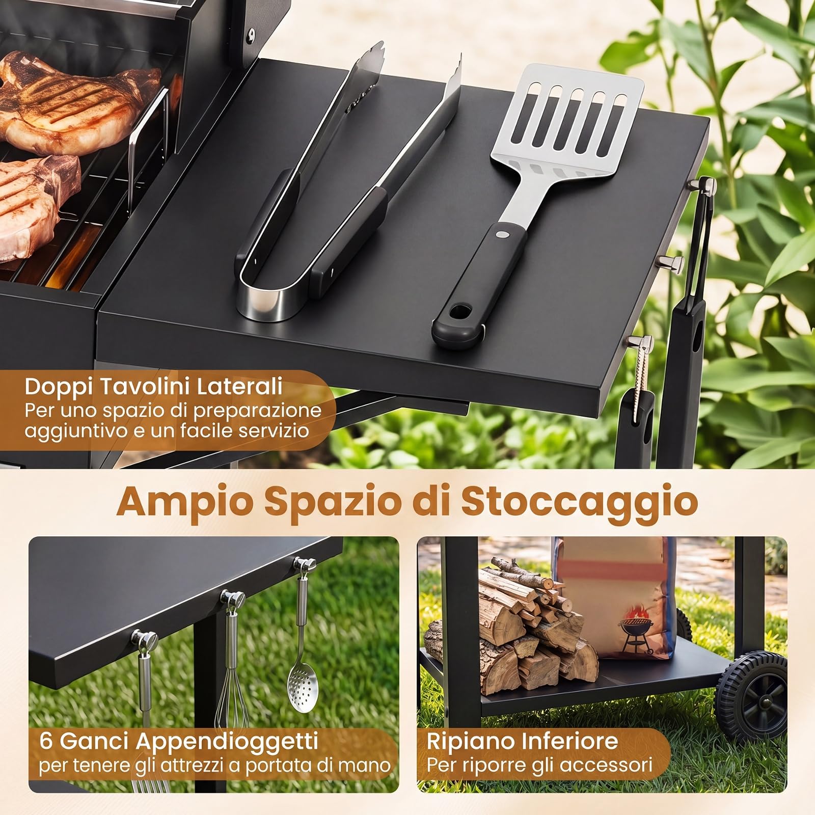 COSTWAY Barbecue a Carbonella con Tavolini Laterali, Forno BBQ con Griglia di Cottura, Termometro e 2 Ruote, Barbecue con Coperchio e Ripiano Aperto per Campeggio e Picnic, 110 x 43 x 105 cm