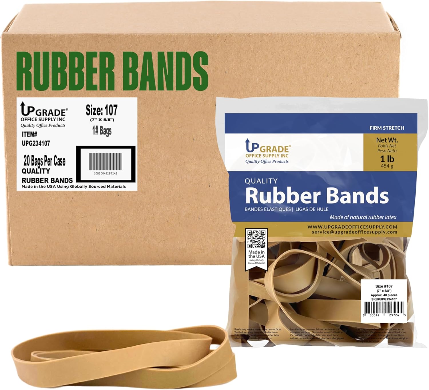 Upgrade Office Supply Rubber Bands, Heavy Duty, Size 107 (7 x 5/8 in), 40 Bands, 1 lb Bag, 20 Pack, USA