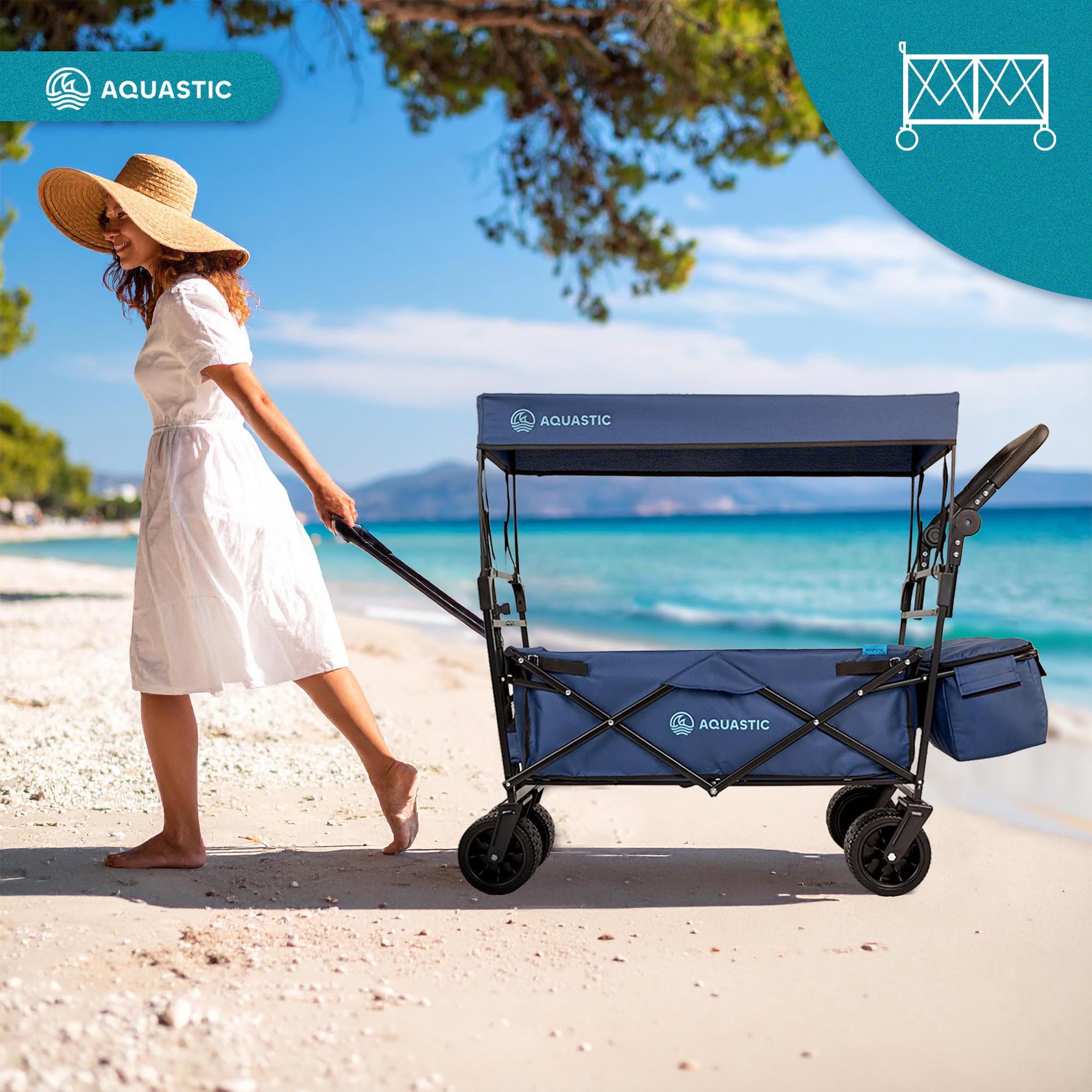 AQUASTIC Carrello pieghevole da 106 l, carico 90 kg, ruote in PU 16 × 10 cm, baldacchino, imbracatura, manico ergonomico, borsa e custodia per il trasporto - nero