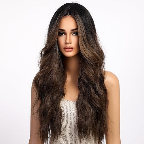 Miniatura 6 de HAIRCUBE Peluca larga ondulada de color marrón oscuro degradado para mujer, pelucas de encaje frontal con reflejos, peluca rizada de 26 pulgadas,