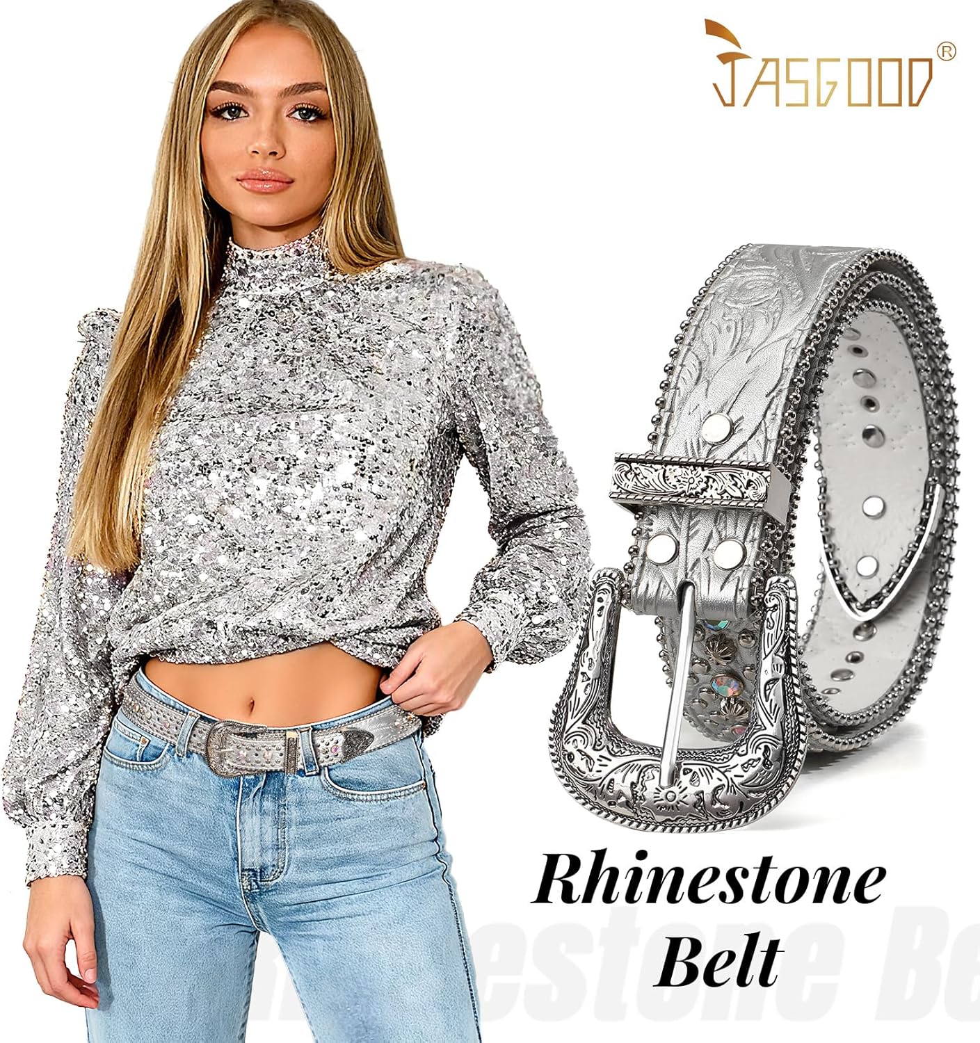 JASGOOD Rhinestone Belt for Women Men Bling Studded Western Cowboy Cowgirl Belts for Jeans - Image 2