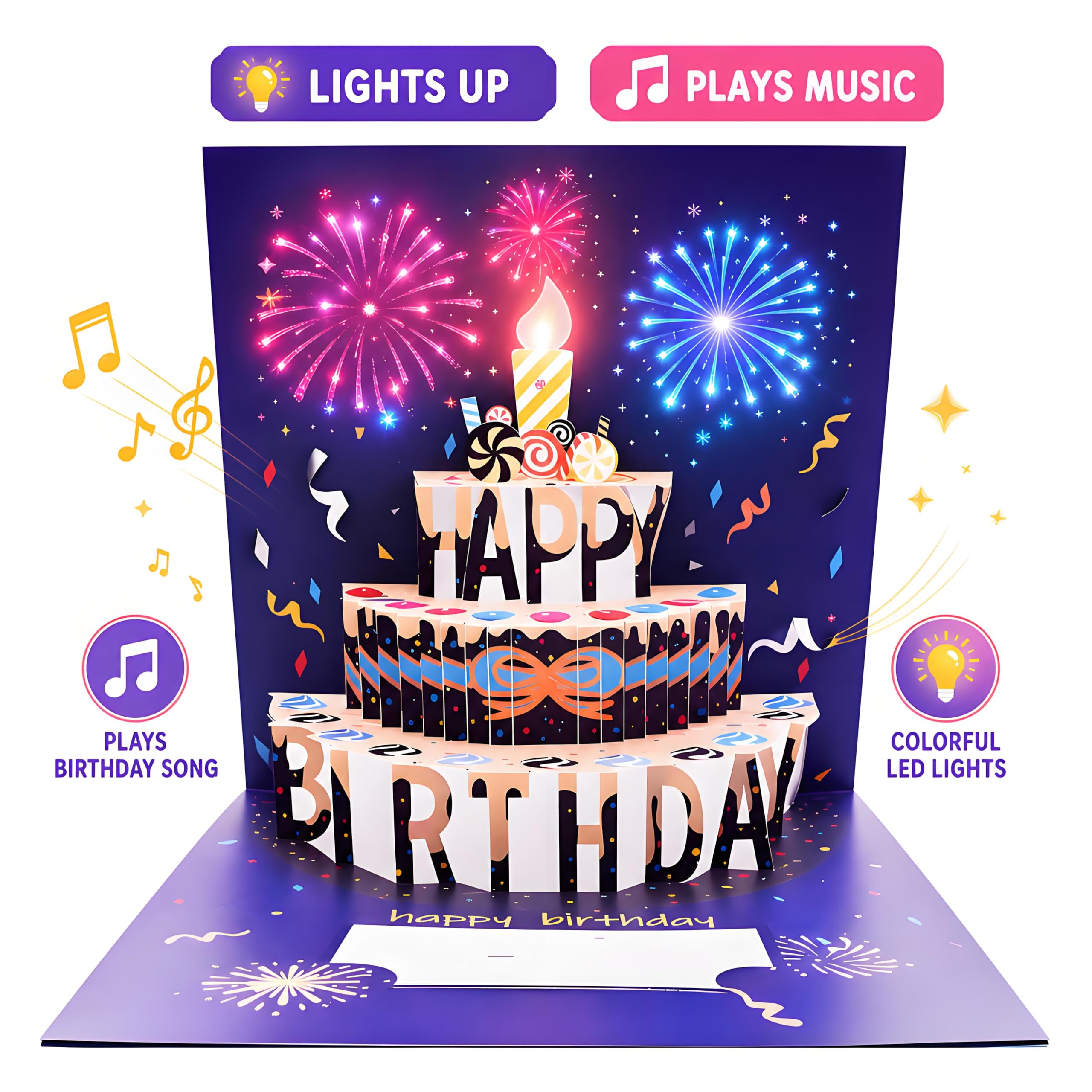 Tarjetas de cumpleaños con diseño de fuegos artificiales, luces, música y sonido de fuegos artificiales en 3D, tarjetas de cumpleaños emergentes con sobre y etiqueta para notas, luz y música soplables