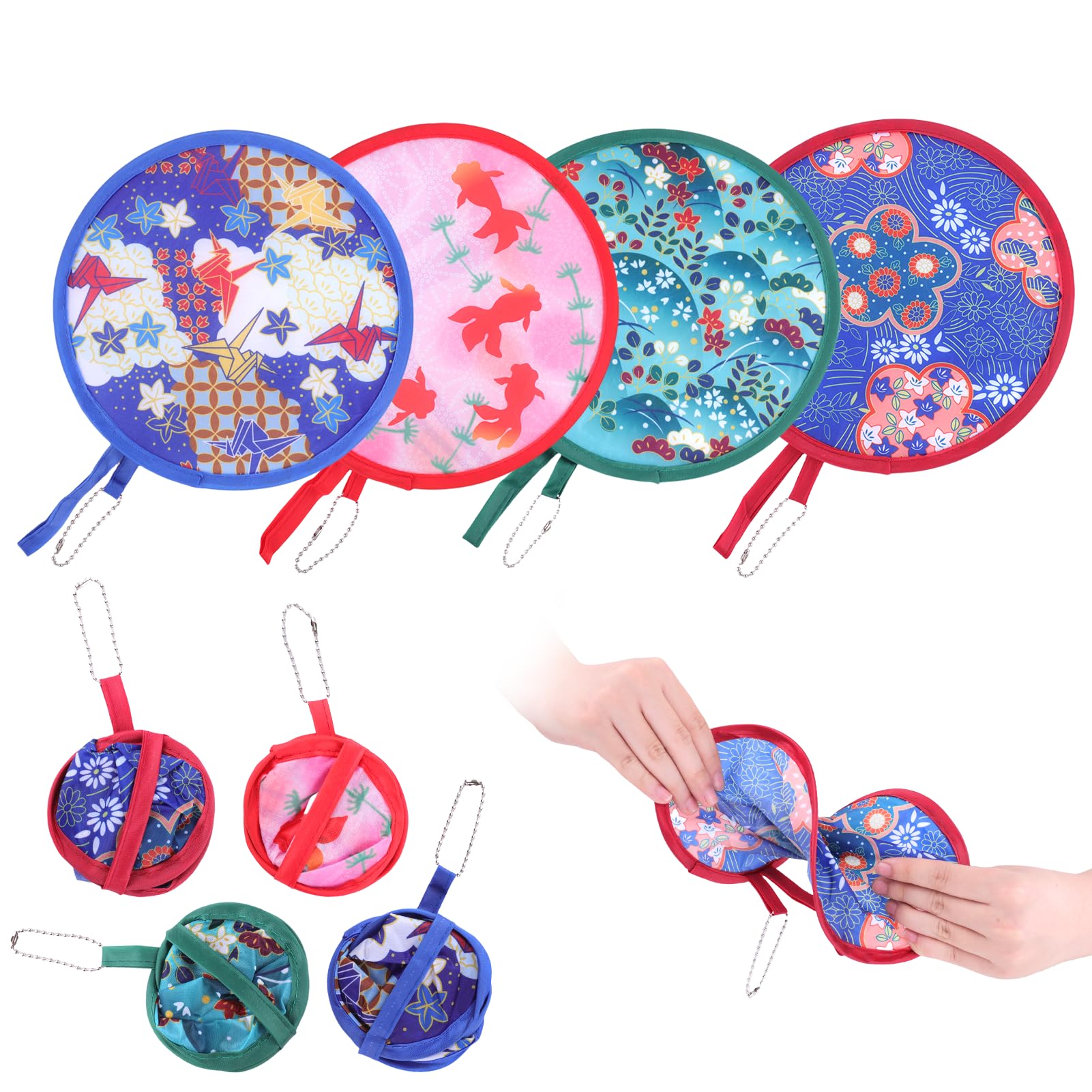 HotoPink 4 Pcs Foldable Fan, Round Japanese Style Handheld Folding Fan, Portable Fans with Japanese Style Patterns, Folding Handheld Fan for Party Favors, Wedding, Cooling, Outdoor Games