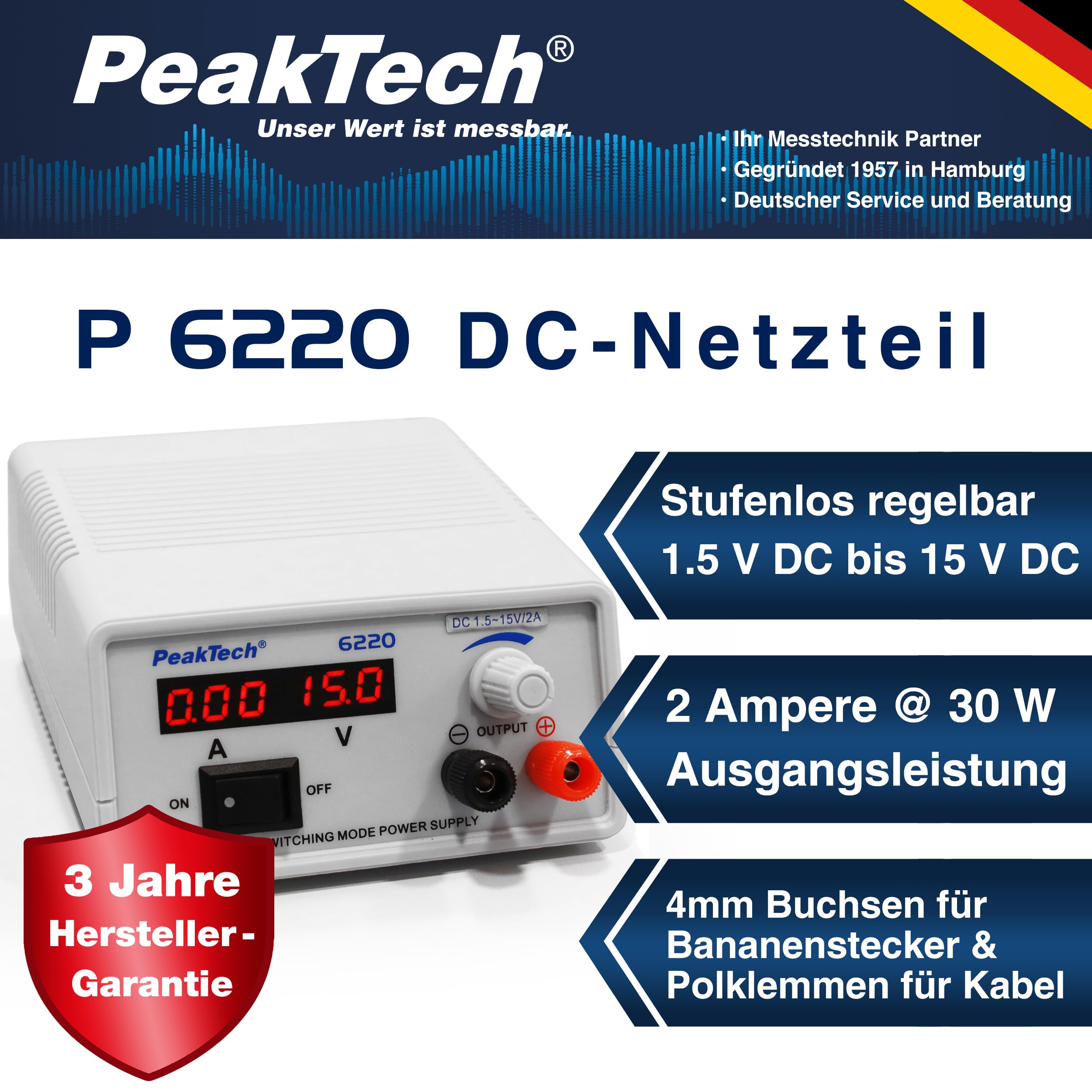 PeakTech 6220 Mini alimentatore switching DC regolabile 1,5V - 15V / 2A, alimentatore da laboratorio con display LED, P 6220