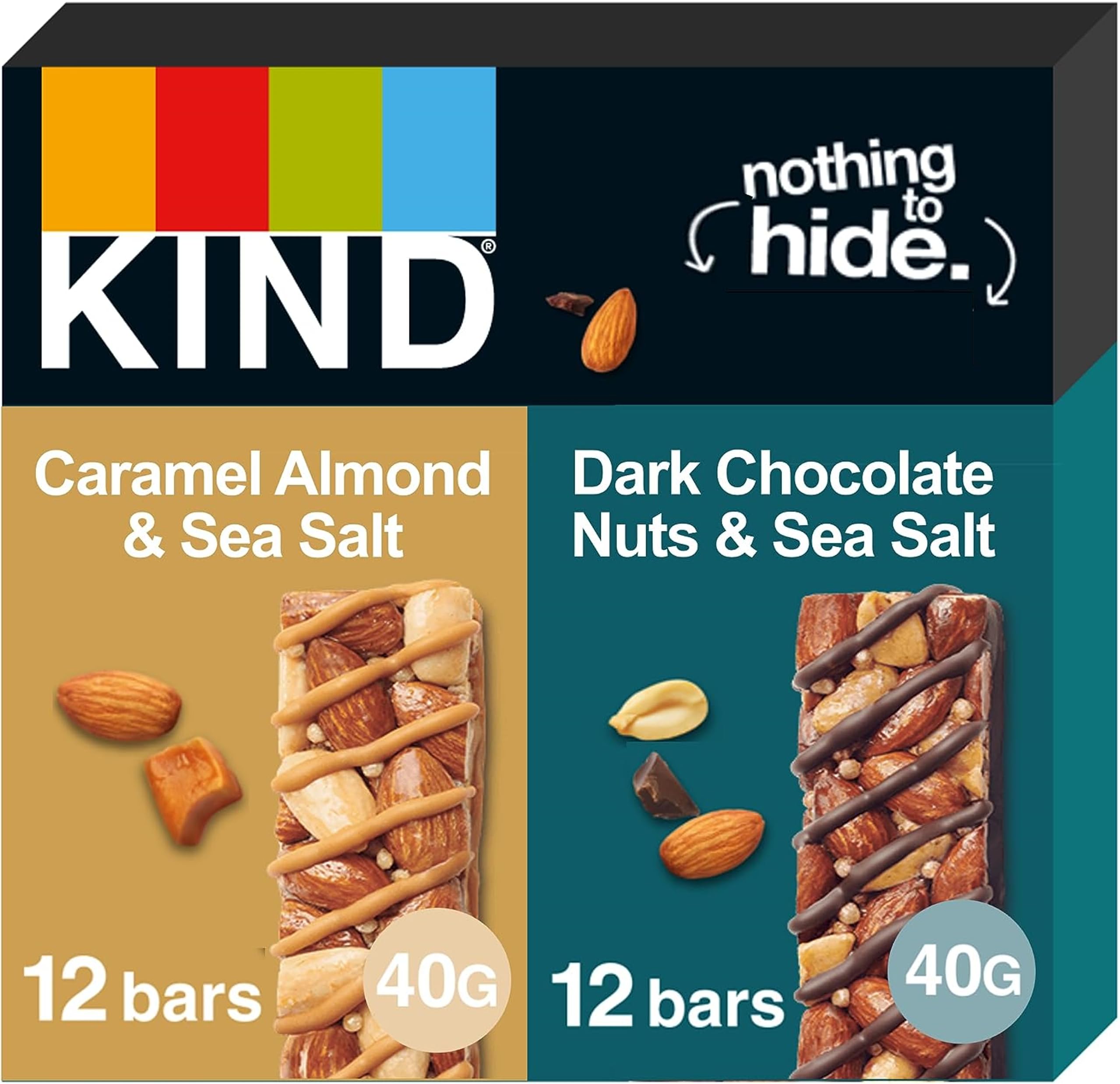 KIND Barres, barres de collation sans gluten, pack varié de chocolat noir, noix et sel de mer et caramel, amandes et sel de mer, riches en fibres, sans colorants, arômes ni conservateurs artificiels,