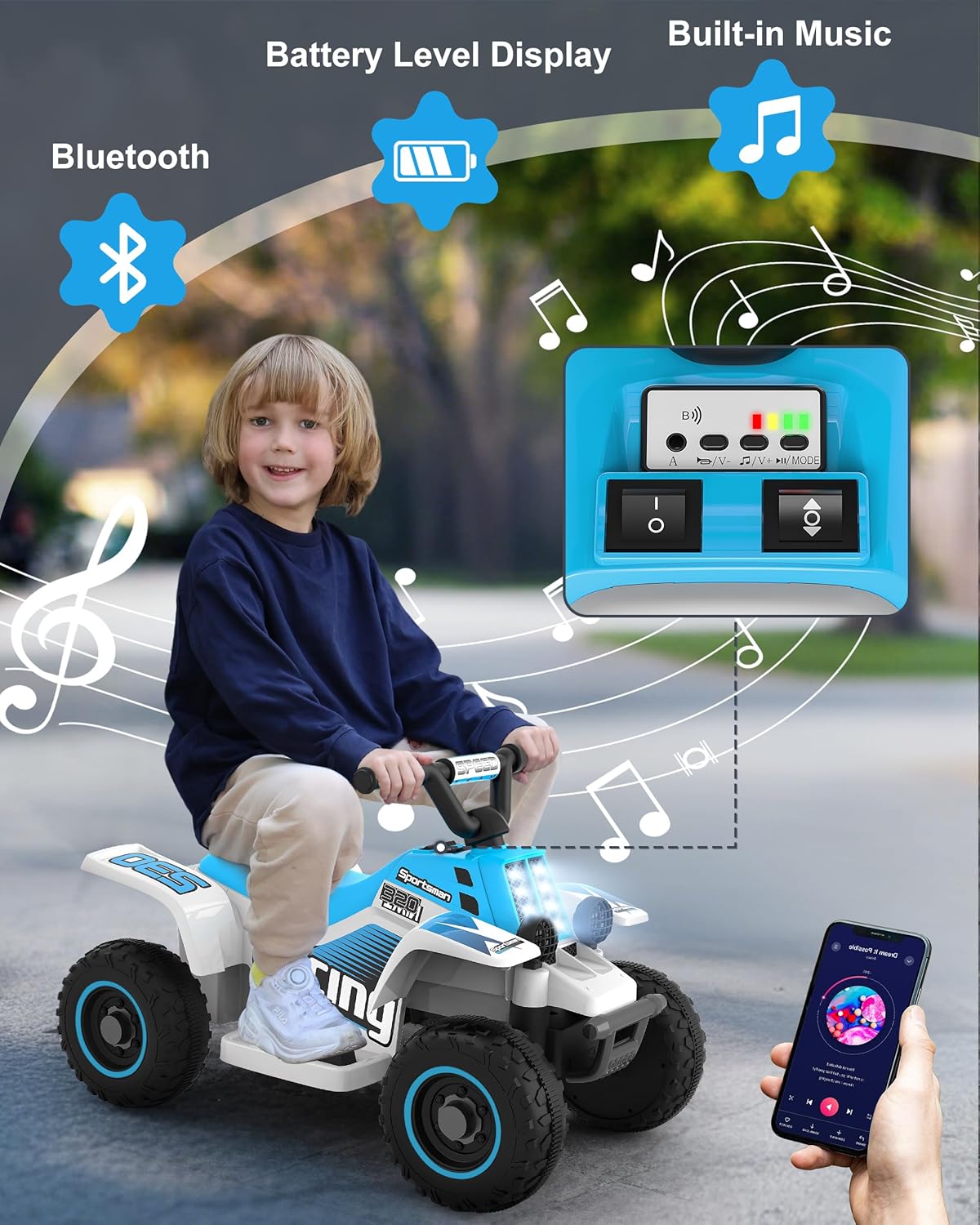 ANPABO 6V 7AH Kids ATV Ride On Toy, 4 Wheeler for Toddler w/Headlight, Forward & Reverse, Horn, Music Player, USB, MP3, Treaded Tires, Ideal Gift for Toddlers(Blue)