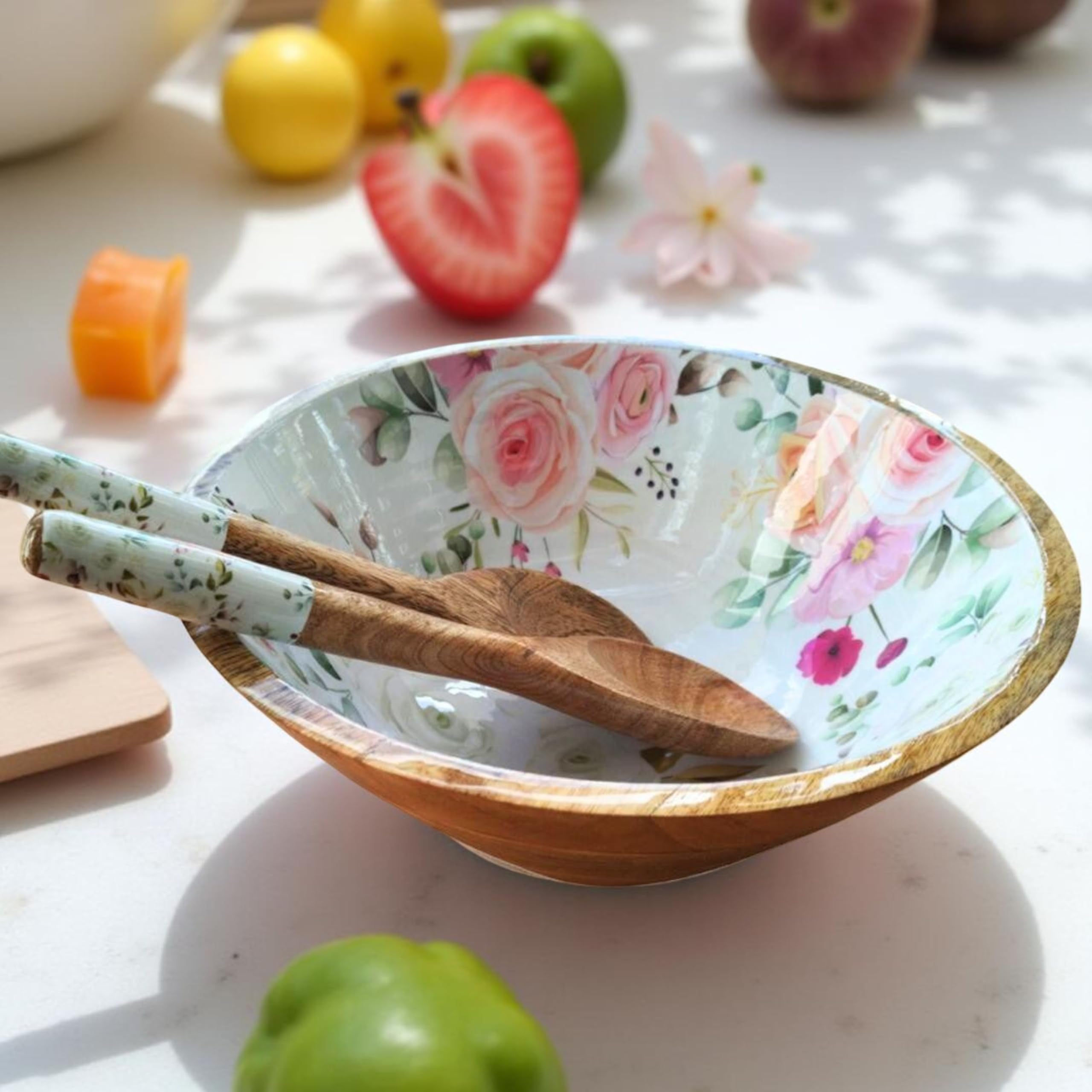 Hartsmede Handmade Mango Wood Salad Bowl Set 12" – Large Wooden Serving Bowl with Matching Spoons, Food-Safe Enamel Interior, Decorative Floral Fruit Bowl for Kitchen Dining Table (Floral)