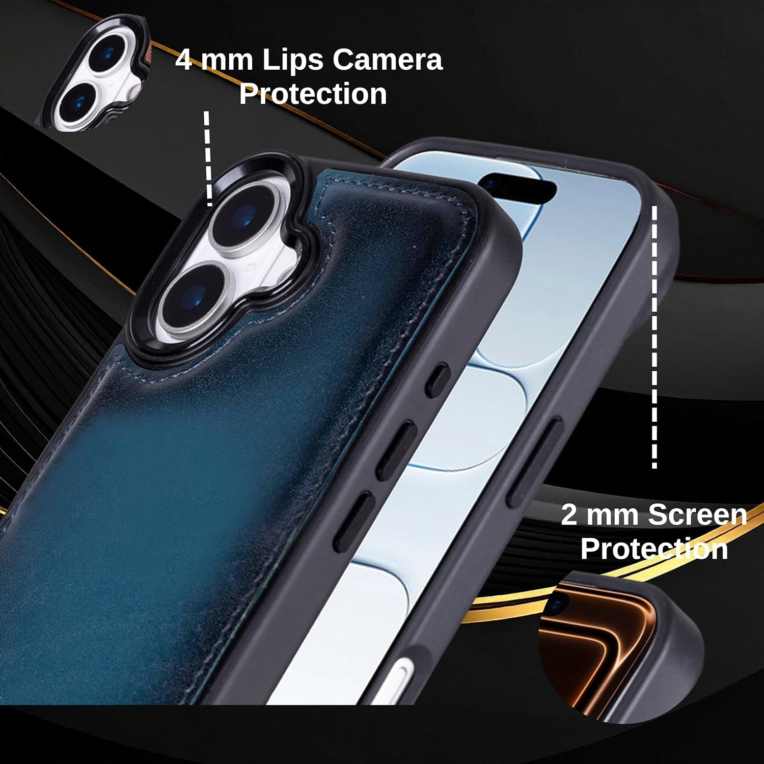BOULETTA Full Grain Genuine Leather Wallet Case for iPhone 17, Compatible with MagSafe Bussiness Style 4 Card Holder Folio Cover, Kickstand, RFID Protected (Effected Blue)