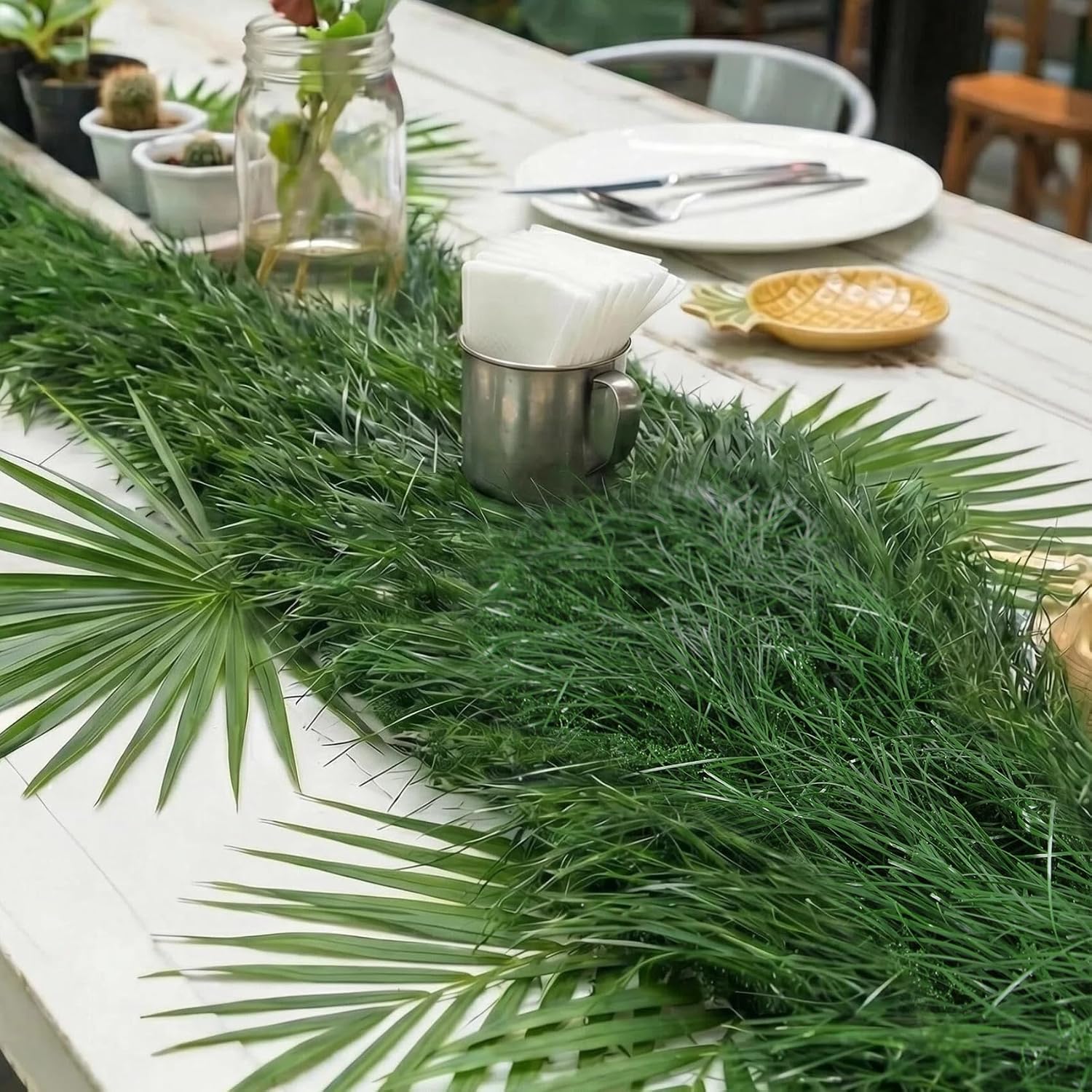 XLX TURF 13" x 72" Shaggy Fake Grass Table Runner for Hawaiian Party Summer Decor, Fireproof Green Thatch Palm for Wedding, Jungle Safari Wild One Birthday, Baby Shower image 2
