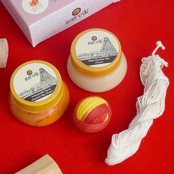 SATVIK Combo of 4-25gm Ashtagandha Chandan Paste, 25g White/Safed Chandan Paste, 1 Pc of White Janeu & 1Pc of Red Mauli for Pooja Essentials