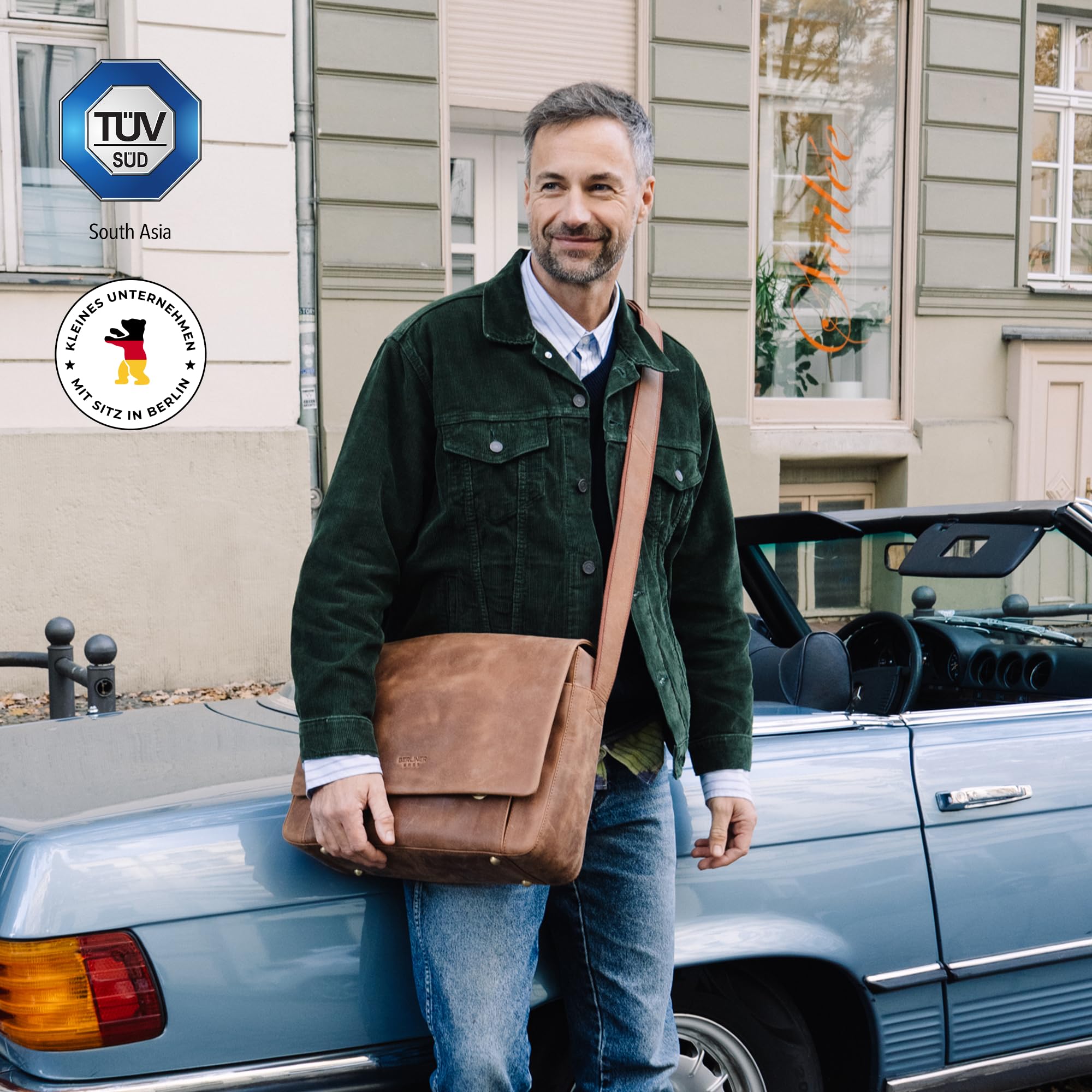 Berliner Bags Umhängetasche P-Berg Vintage, Messenger Bag aus Leder - Braun | Arbeitstasche & Umhängetasche für Herren, 17 Zoll Laptopfach & RFID-Schutz, verstellbarer Schulterriemen aus Echtleder
