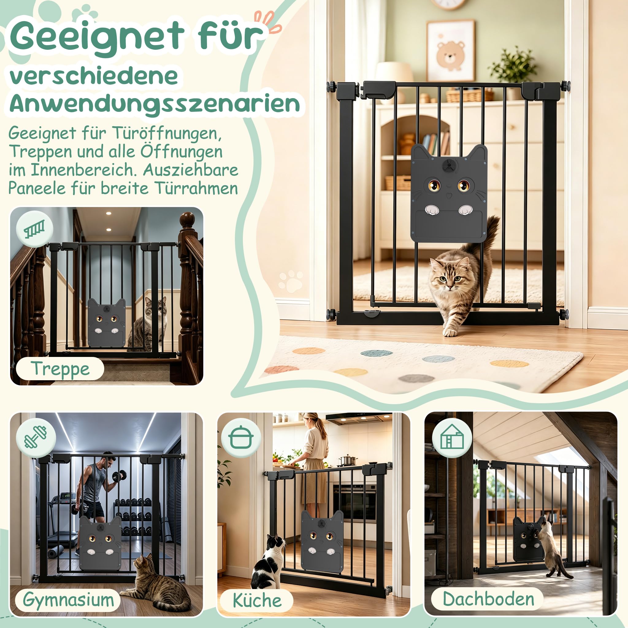 Innen Absperrgitter mit 30cm Verlängerung ohne Bohren, Türschutzgitter mit individuell gestaltbarer Schiebetür, zweiseitig schwenkbar Auto-Close, 105–115 cm Schwarz