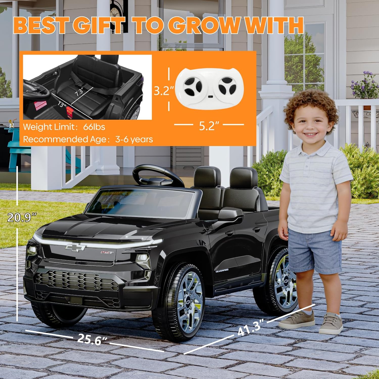 24V Licensed Chevrolet Silverado Electric Car for Kids, Ride on Toys for Toddlers with Remote Control, Soft Start, LED Lights, Music Player, Seat Belts, Easy to Assemble, Black