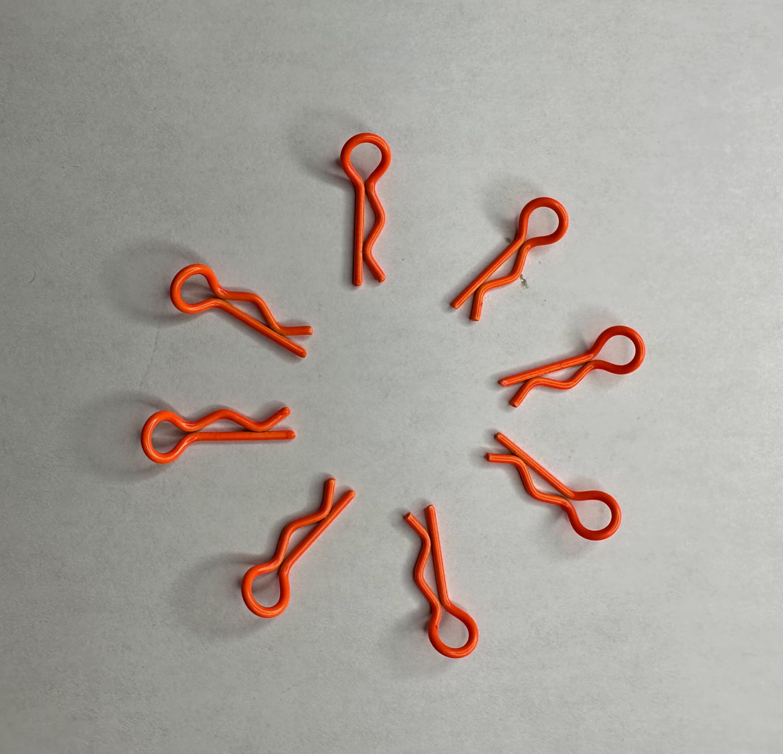 Hobby Bolts Deep Color RC Body Clips, Orange, 8 Pack, for 1/10 Scale Radio Control Vehicles, Angled Loop Bent-R Design.