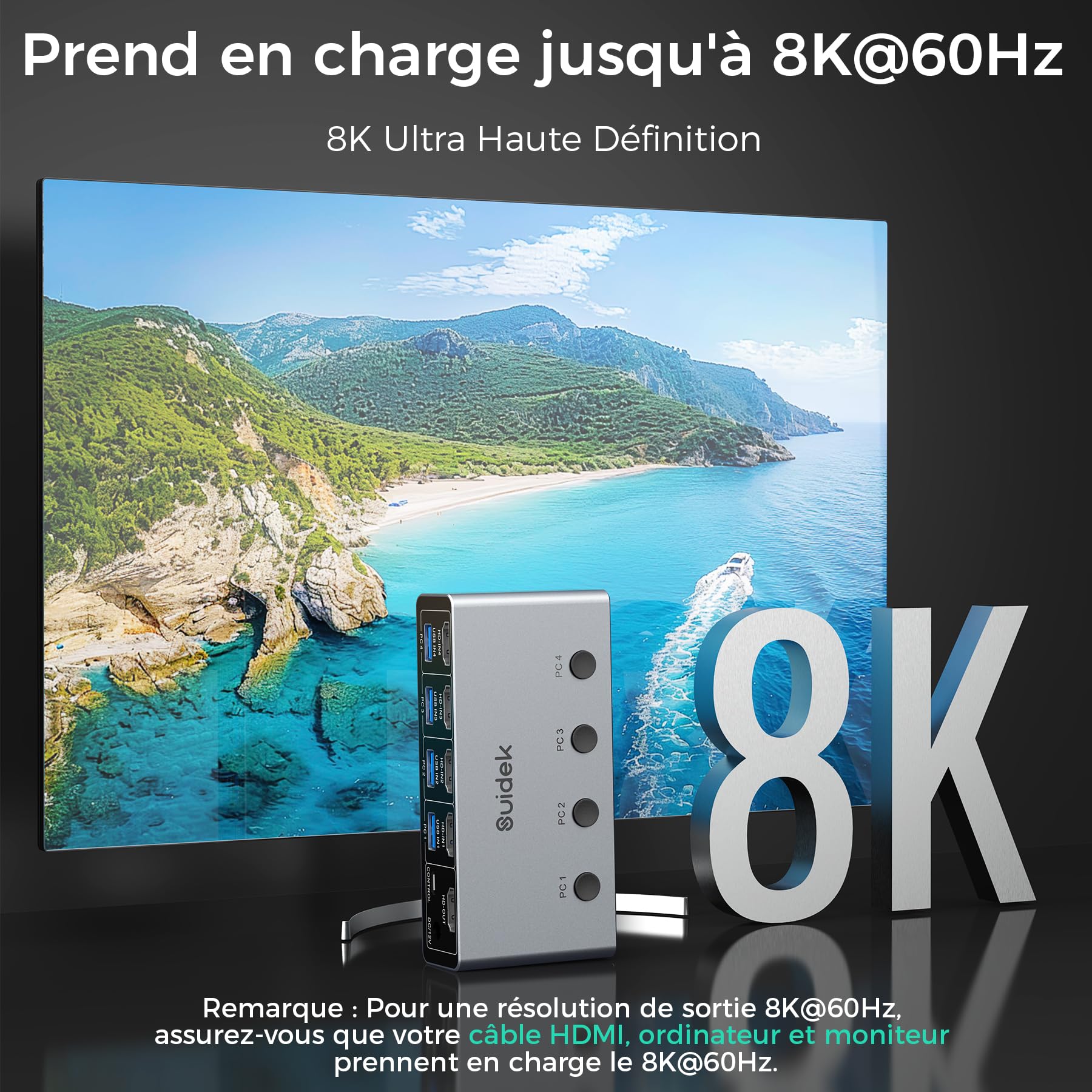 SUIDEK Commutateur KVM HDMI 8K@60Hz, 4 ordinateurs, 1 moniteur,4 ports USB 3.0 (3 A + 1C) Commutateurs KVM en aluminium, clavier et souris,Comprend 4 câbles USB, un contrôleur et un adaptateur secteur