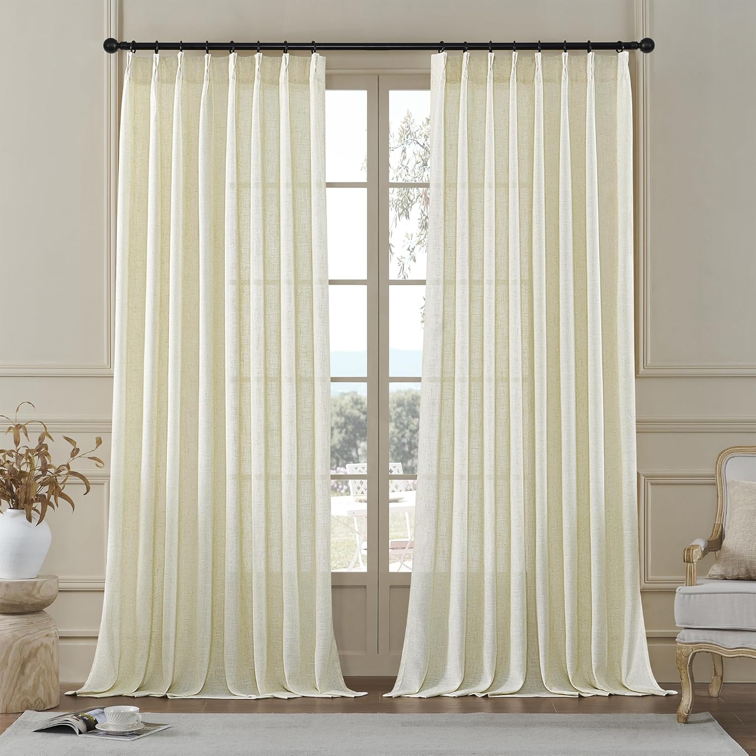 MASWOND Natural Pinch Pleated 108 Inch Curtains 2 Panels for Living Room Semi Sheer Linen Curtains Pinch Pleat Drapes for for Living Room Pinch Drapes with Hooks 50" Wx108 L