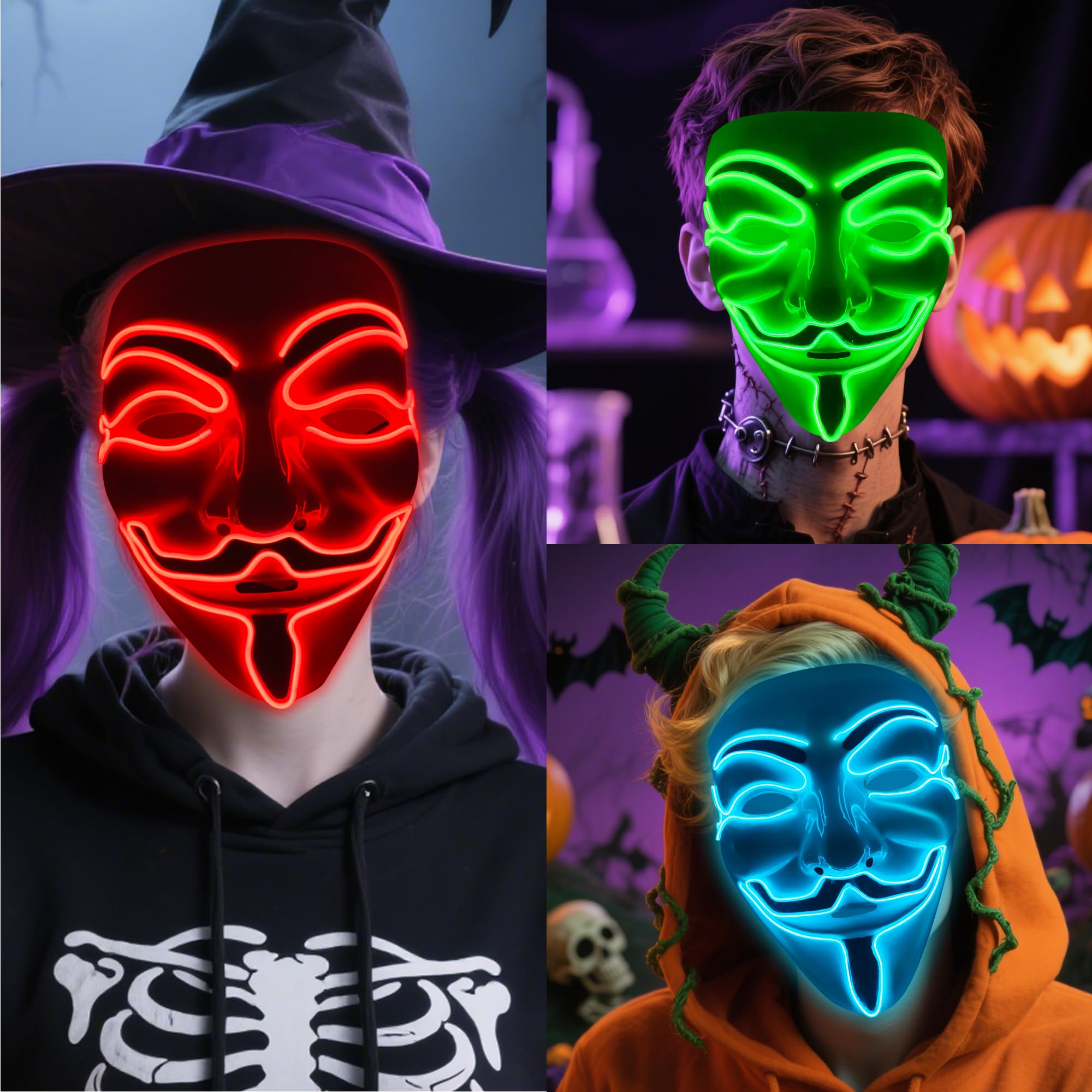 3 Packs Halloween LED Light Up Mask - 3 Light Modes Glowing Mask Eye-Catching Cosplay Prop for Adults