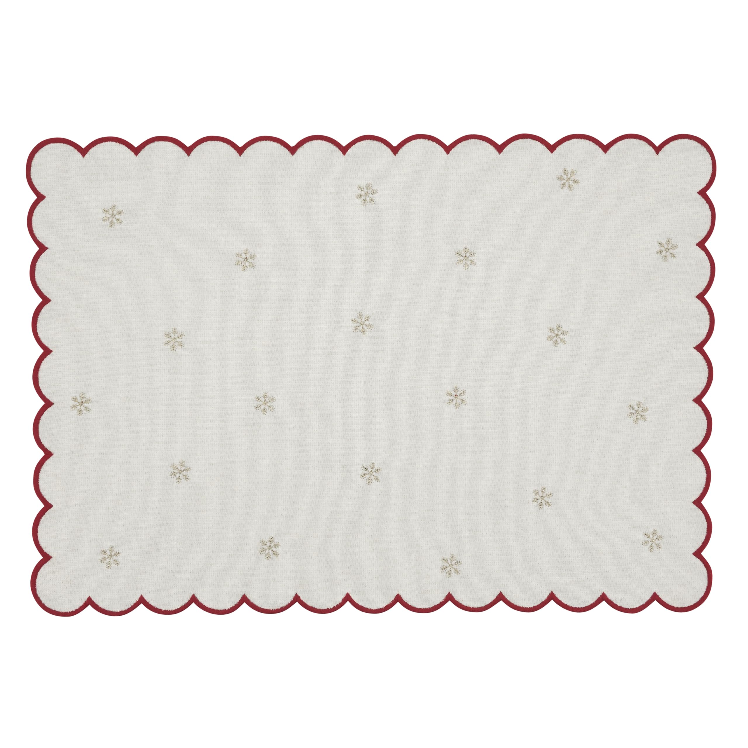 SARO LIFESTYLE Snowflake Embroidered Placemats (Set of 4) - Scalloped Holiday Placemats for Christmas Dining, Seasonal Entertaining and Festive Table Settings, 14"x20", Natural