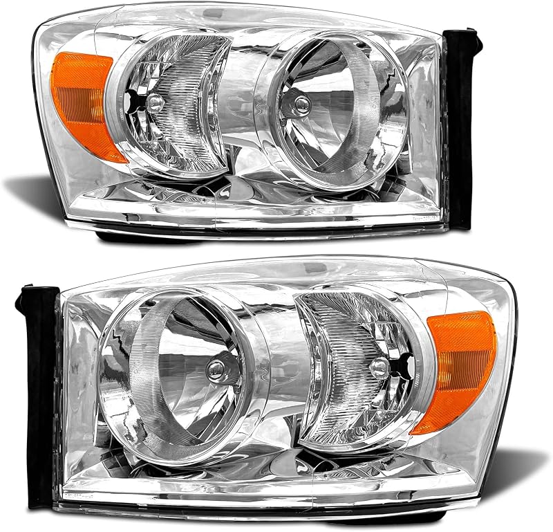 for 2006-2009 Dodge Ram 1500 & Dodge Ram 2500 Halogen Headlight | OE 68003125/68003124, Chrome Housing, IP67, Plug & Play, amber reflector, clear lens