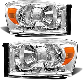 2006 2007 2008 2009 Dodge Ram Headlight Assembly for 2006-2008 Dodge Ram 1500/2006-2009 Dodge Ram 2500 3500 Clear Lens Chrome Housing Amber Reflector Headlamp Replacement Left Right Pair