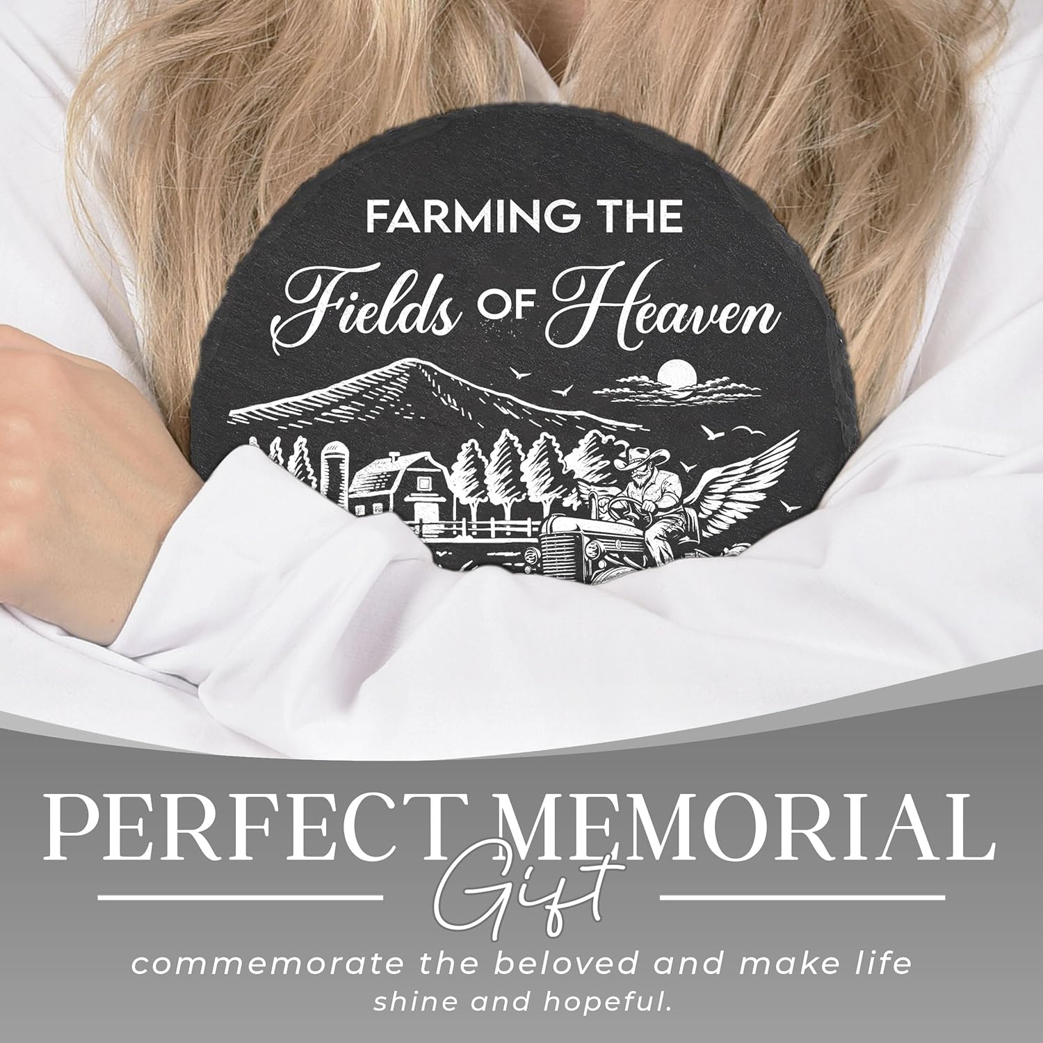 Farming The Fields of Heaven Stone, Outdoor Remembrance Farming Stone, Loved One Farmer Tractor Sympathy Gift for Dad, Grandpa, Uncle on Christmas