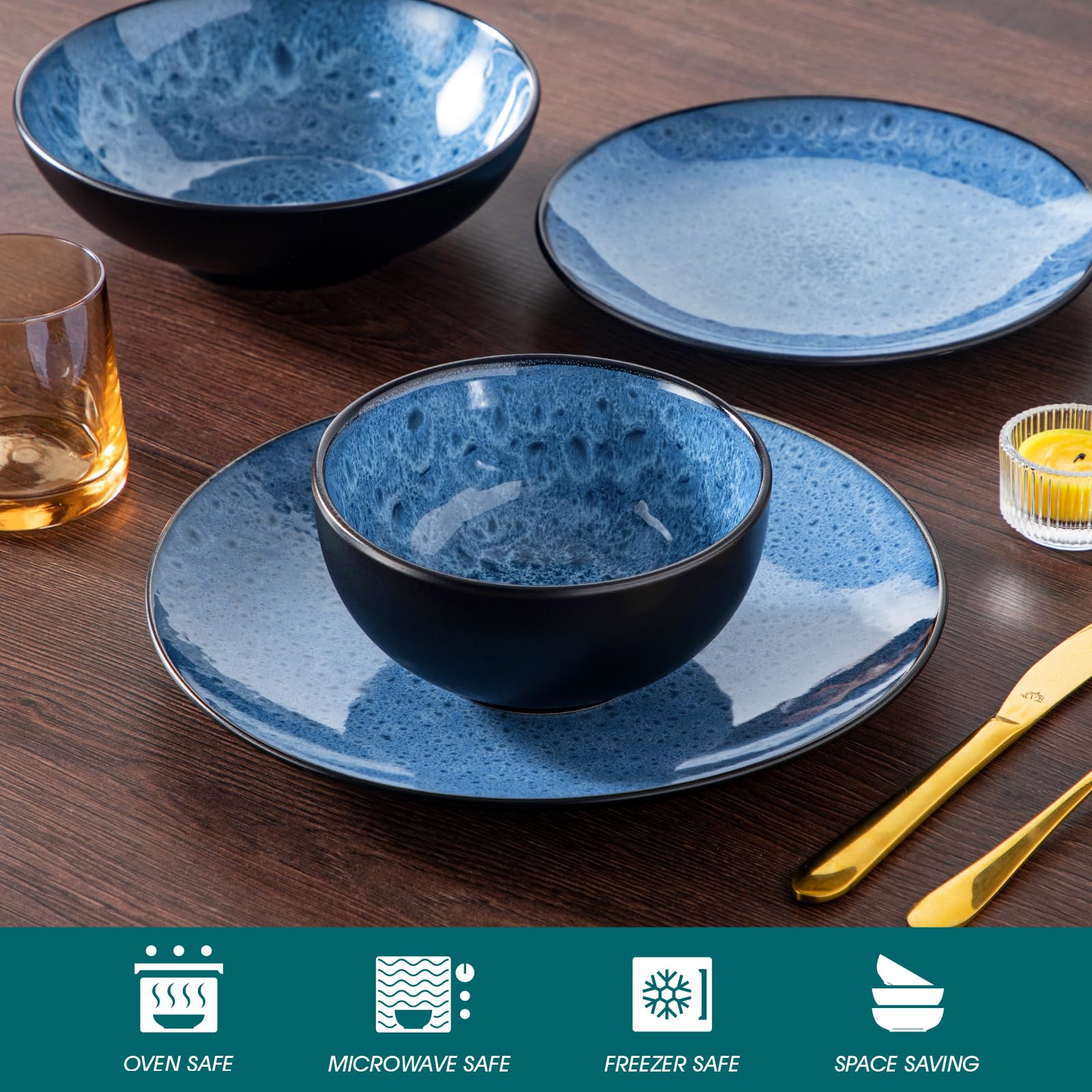 vancasso Service de Table pour 6 Personnes, Service Vaisselle 24 Pièces en Grès - 6 Assiettes Plates, 6 Assiettes à Dessert, 6 Assiettes Creuses et 6 Bols - Glaçure Bleu, Compatible Micro-Ondes