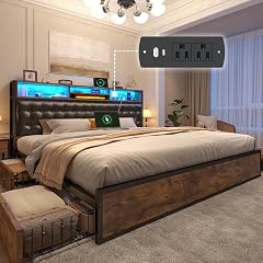 EnHomee King Size Bed Frame with 4 Storage Drawers LED Lights Charging Ports Upholstered Platform Bed with Leather