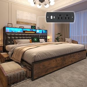 EnHomee King Size Bed Frame with 4 Storage Drawers LED Lights Charging Ports Upholstered Platform Bed with Leather