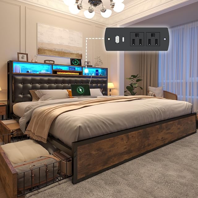 EnHomee King Size Bed Frame with 4 Storage Drawers LED Lights Charging Ports Upholstered Platform Bed with Leather