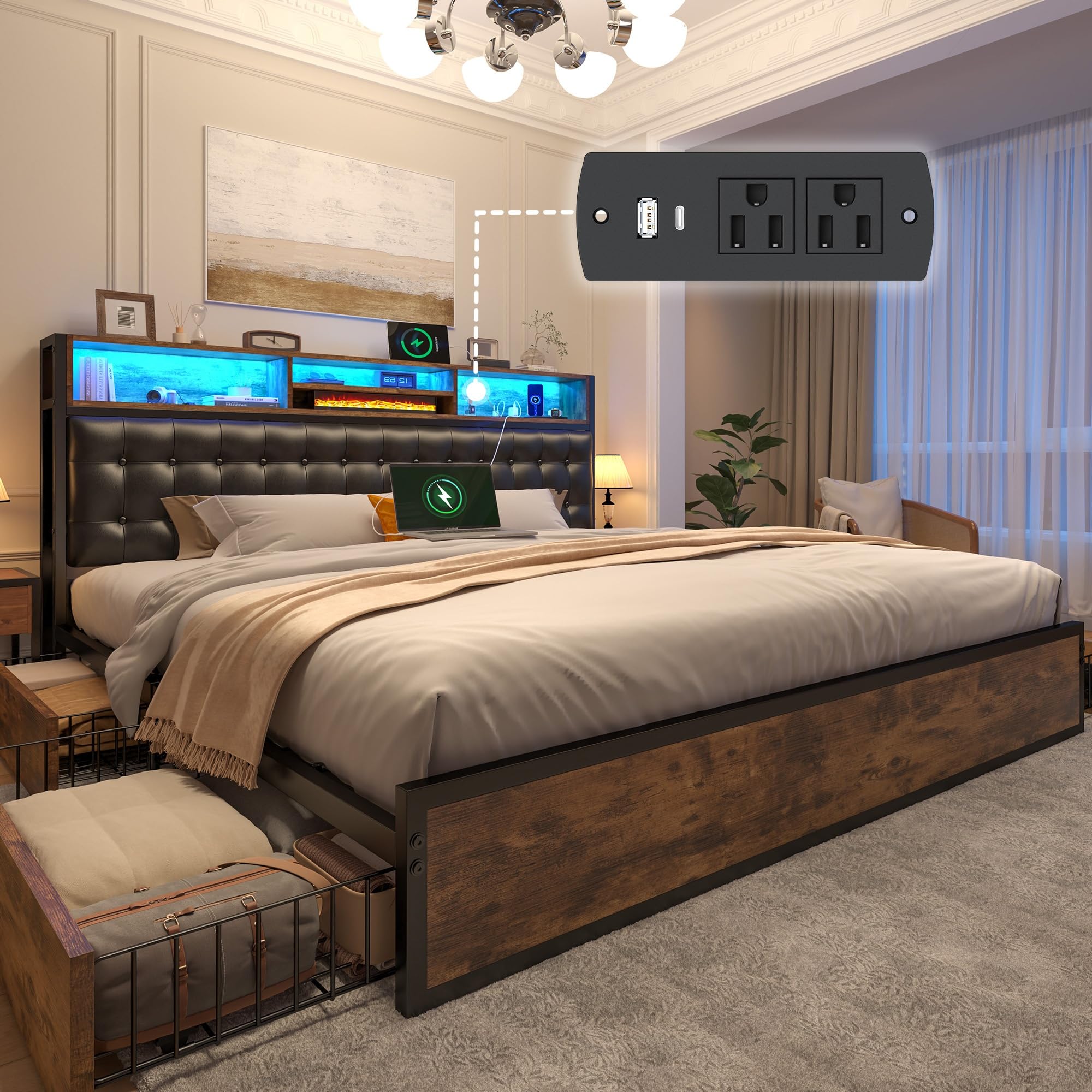 EnHomee King Size Bed Frame with 4 Storage Drawers LED Lights Charging Ports Upholstered Platform Bed with Leather
