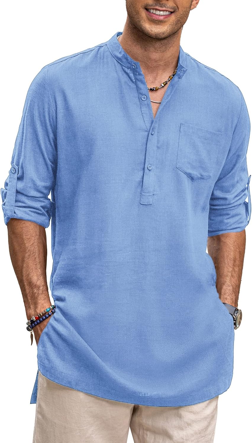 COOFANDY Men's Linen Henley Shirts Long Sleeve Collarless T-Shirts Longline Kurta Beach Shirts with Pocket