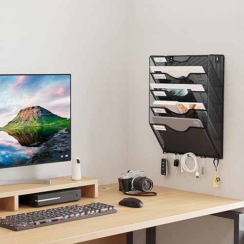 Miniatura 6 de EasyPAG Organizador de archivos de montaje en pared con ganchos para llaves, 5 bolsillos de malla vertical, soporte para archivos de pared, soporte