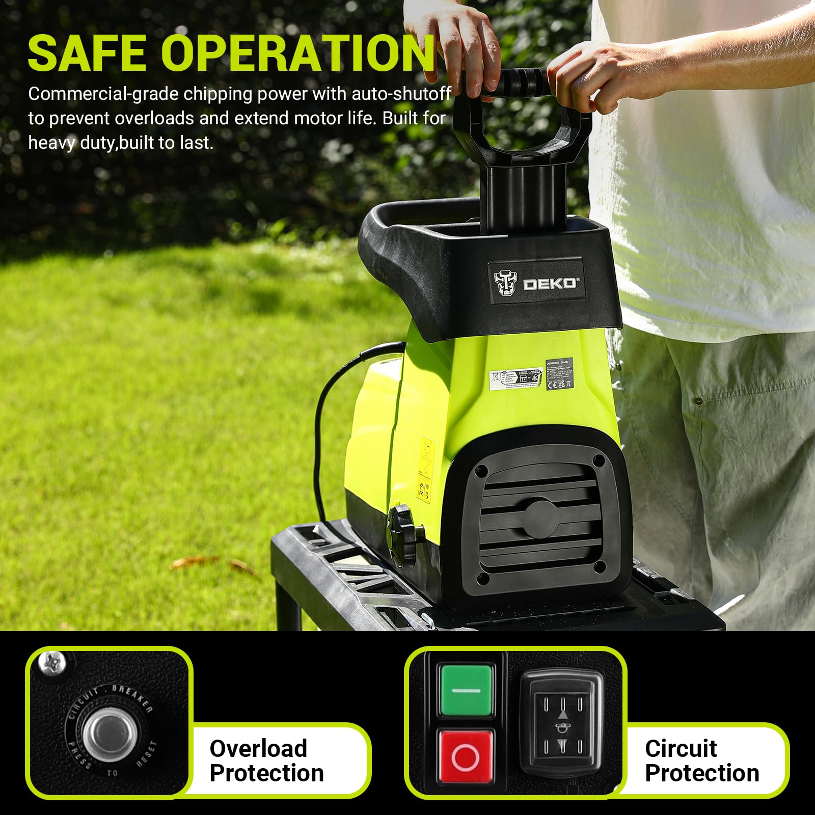 Biotrituratore Elettrico Trituratore da Giardino: DEKOPRO 2800W con Cesto 60L e Protezione da Sovraccarico, Cippatore Elettrico da 54 Giri/Min per Rami Ø45 mm, Trituratore Rami e Foglie