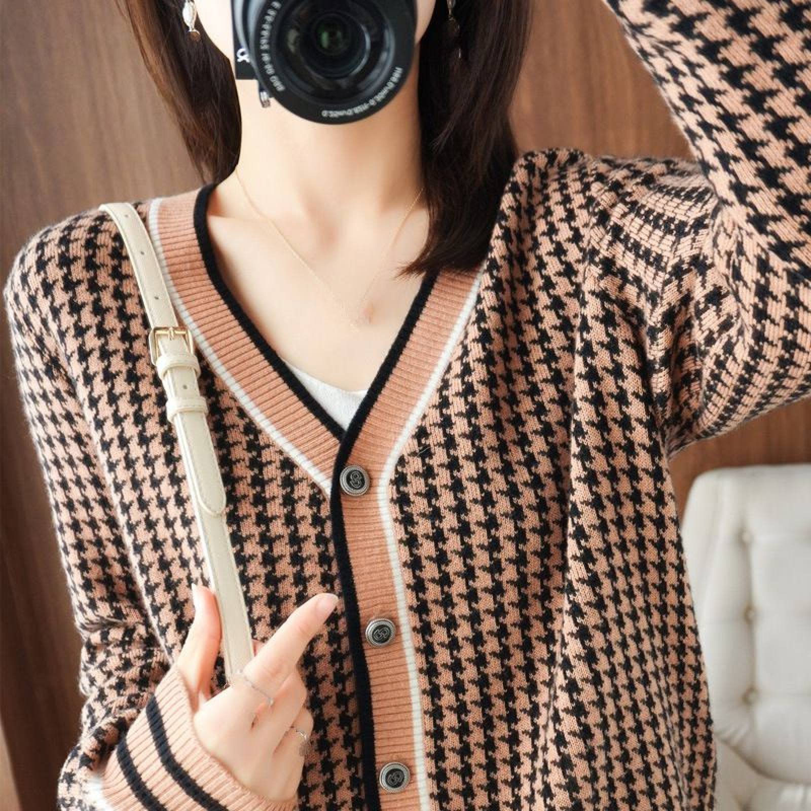 Suéter De Cachemira De Punto Corto De Punto Clásico De Las Mujeres Chic Cardigan - Cardigans De Cachemira De Punto Corto De Punto En V De Retazos Para Damas, Chaqueta Sólida De Cardigan Vintage De
