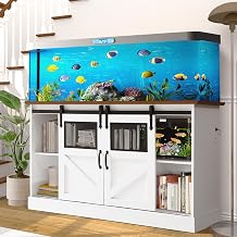 55-75 Gallon Fish Tank Stand with Sliding Barn Doors & Power Outlet, Heavy Duty Aquarium Stand with Cabinet Storage for 2 Fish Tank/Turtle Tank/Reptile Terrarium Accessories, 1260LBS White