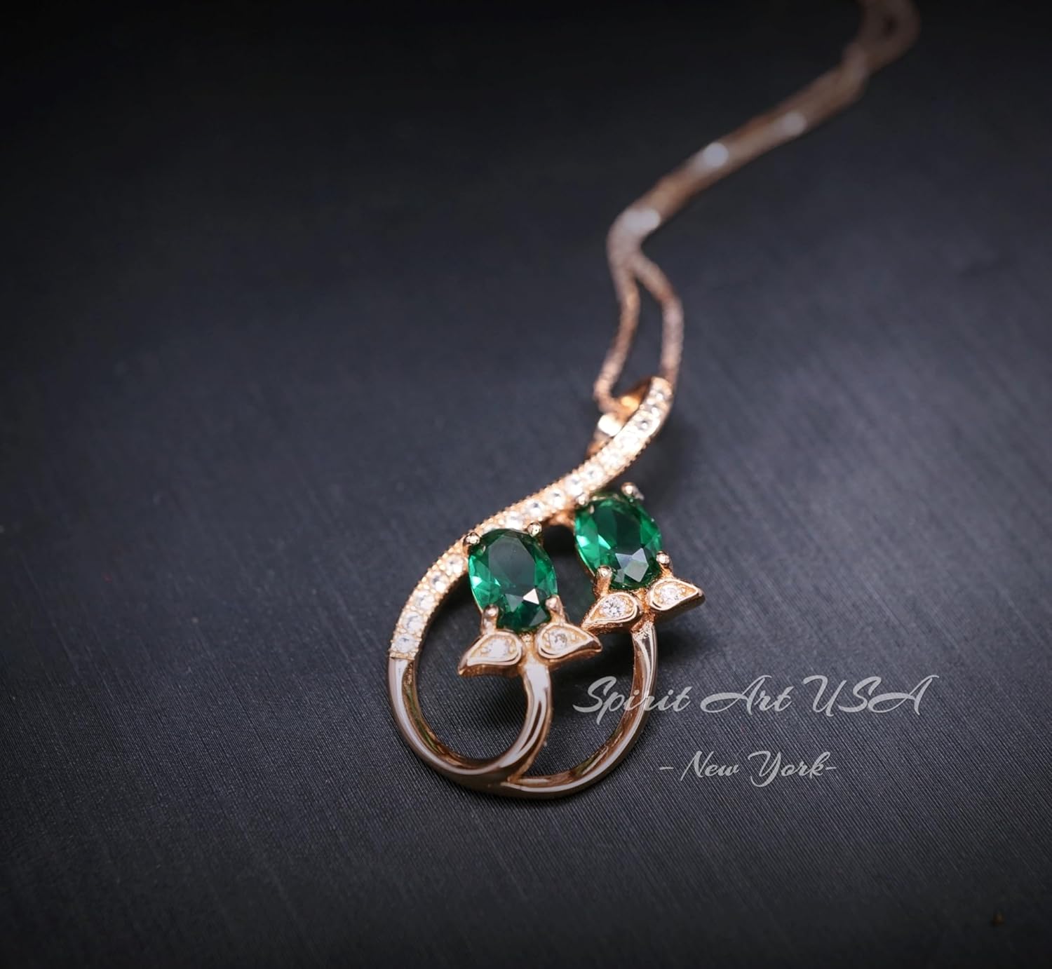 Emerald Necklace - Rose Gold Coated Sterling Silver - Leaf Flower Infinite Double Green Gemstone - May Birthstone - Dainty Emerald Pendant