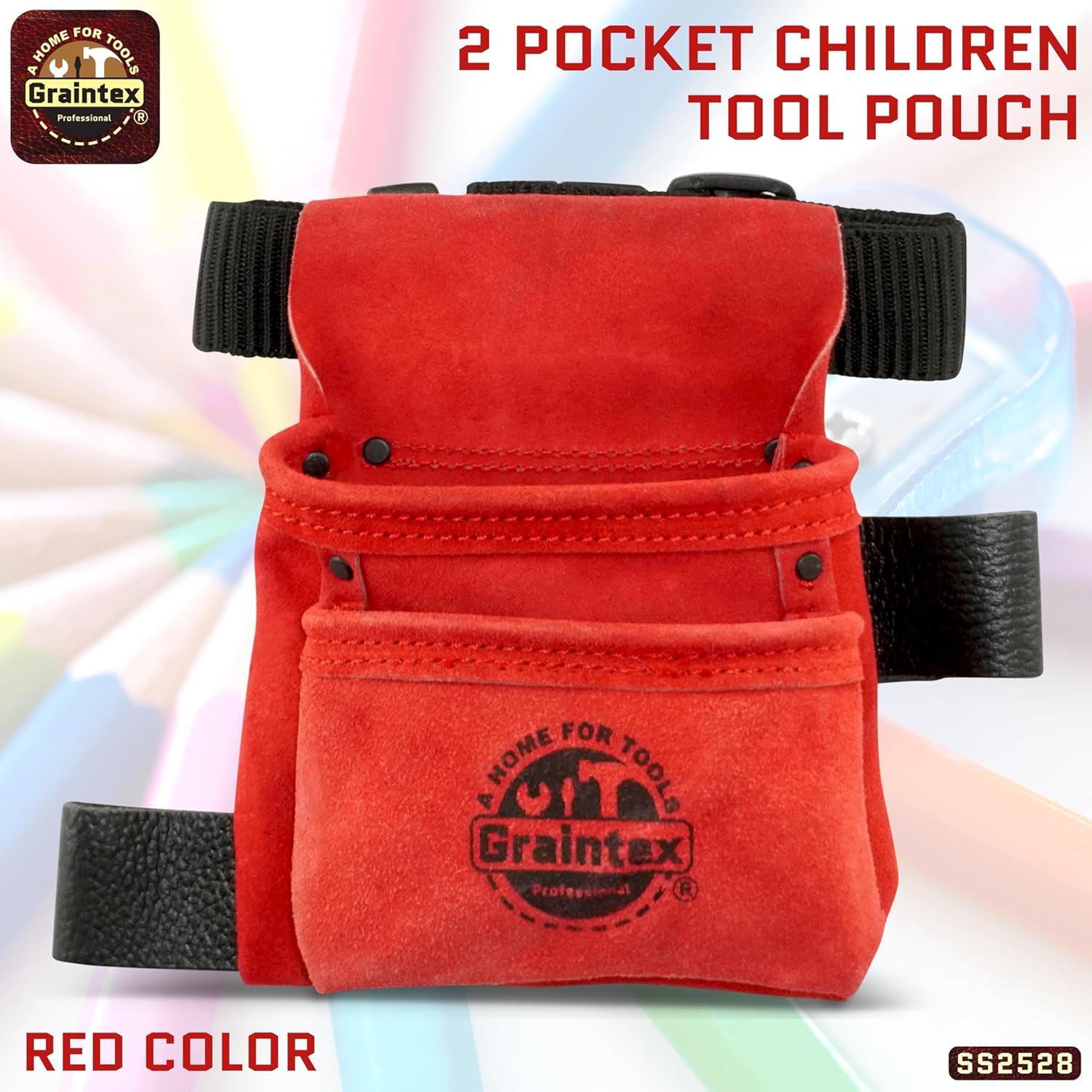 Graintex 2 Pocket Children's Tool Pouch, Suede Leather Pouch with Hammer Loop, Ideal for Home Improvement Projects, Kids Tool Belt for Young DIY Enthusiasts, Adjustable Webbing Belt