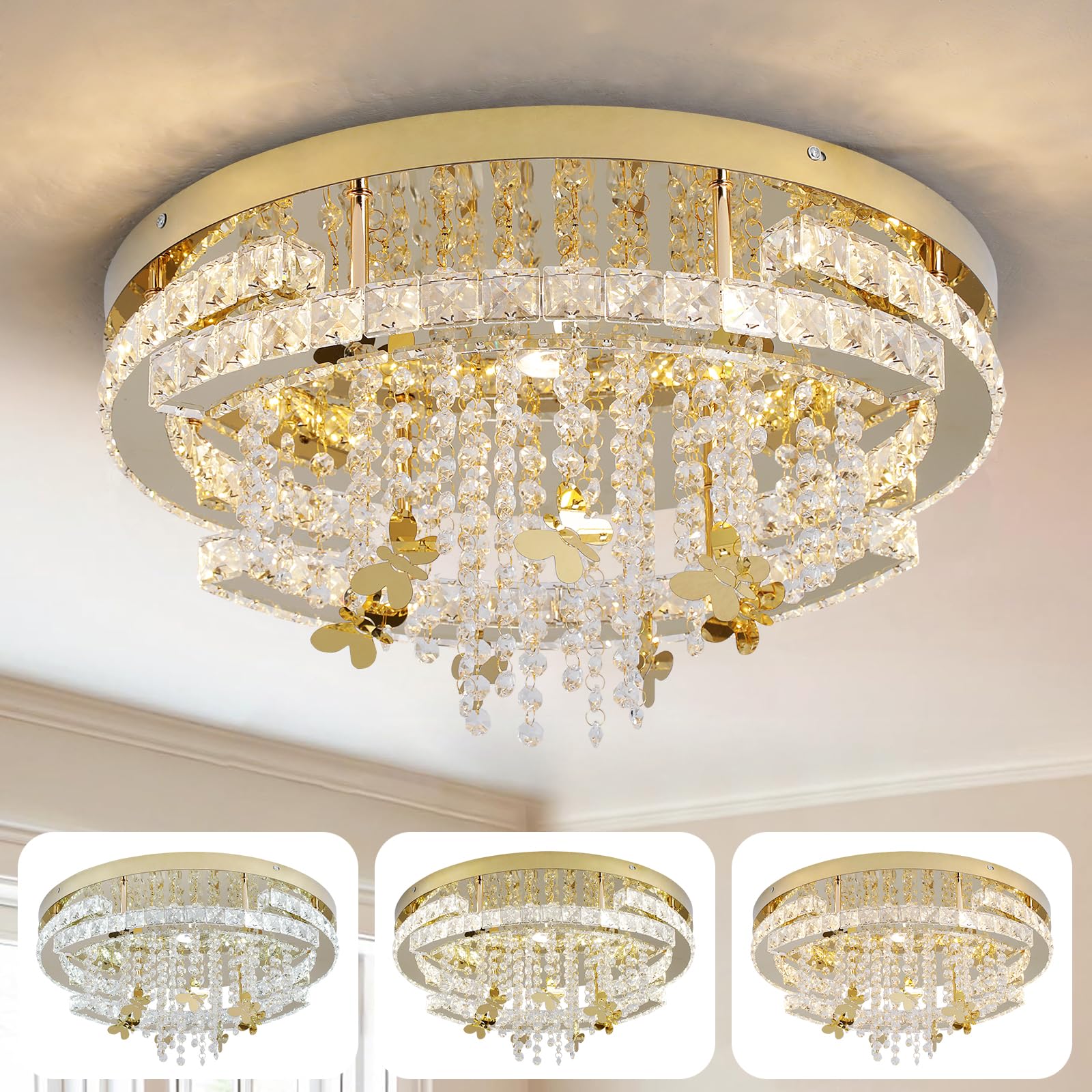 Modern Crystal Chandeliers, Large Gold Crystal Ceiling Light for Living/Dressing Room, Semi Flush Mount Elegant Chandelier for Bedroom, Adjustable LED Raindrop Ceiling Lighting Fixture 50cm, 5-light